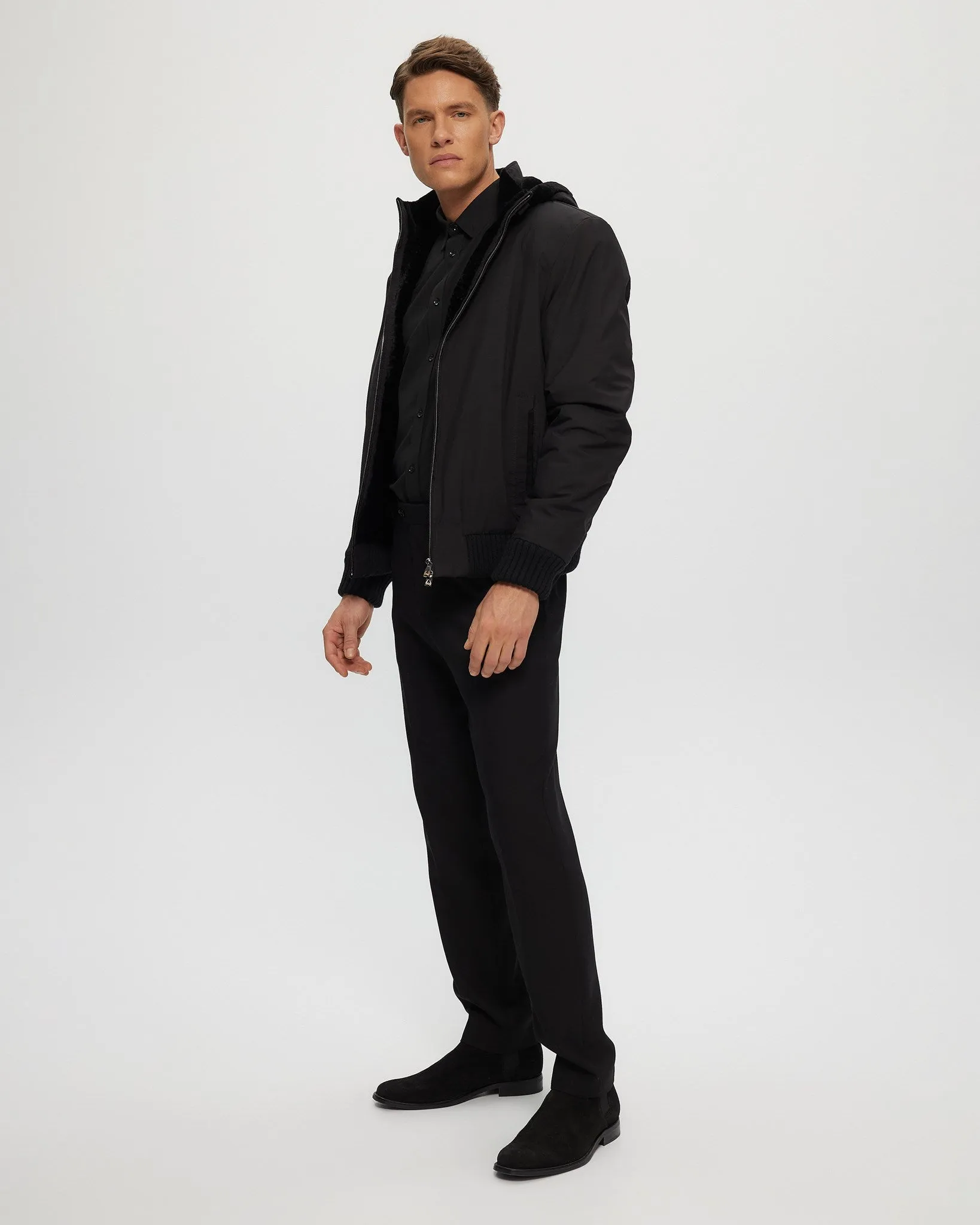 Men's Fabric Jacket with Lamb Lining and Detachable Hood