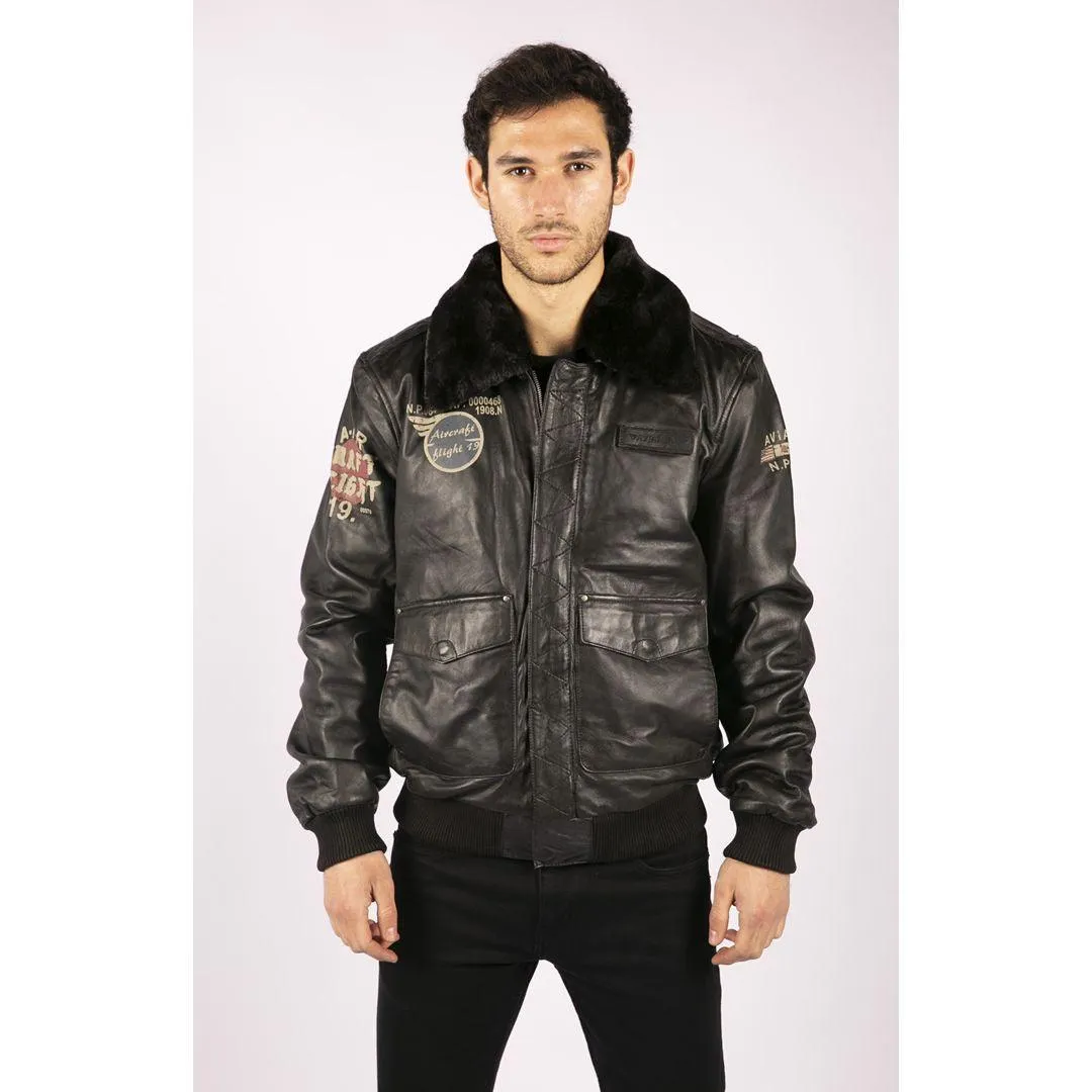 Mens Real Leather Black Aviator Fur Collar Pilot Jacket Slim Fit Bomber