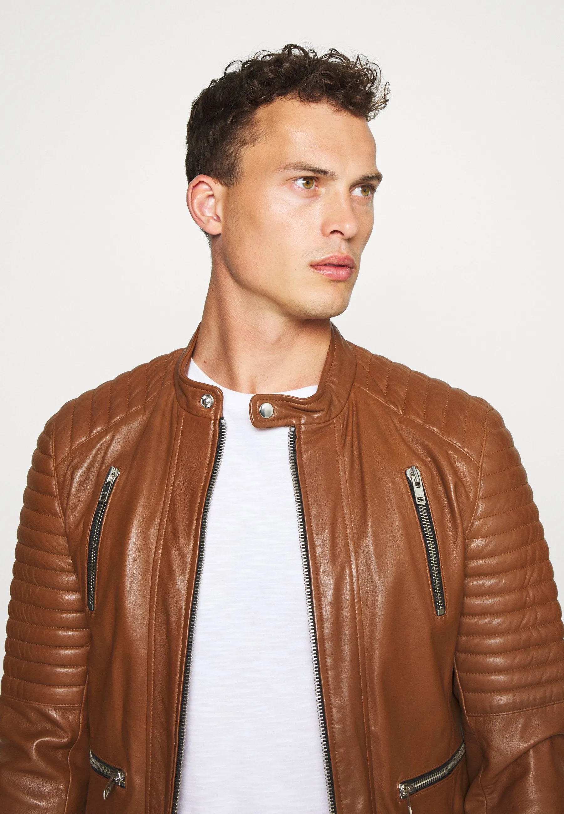 Men's Tan Brown Leather Biker Jacket