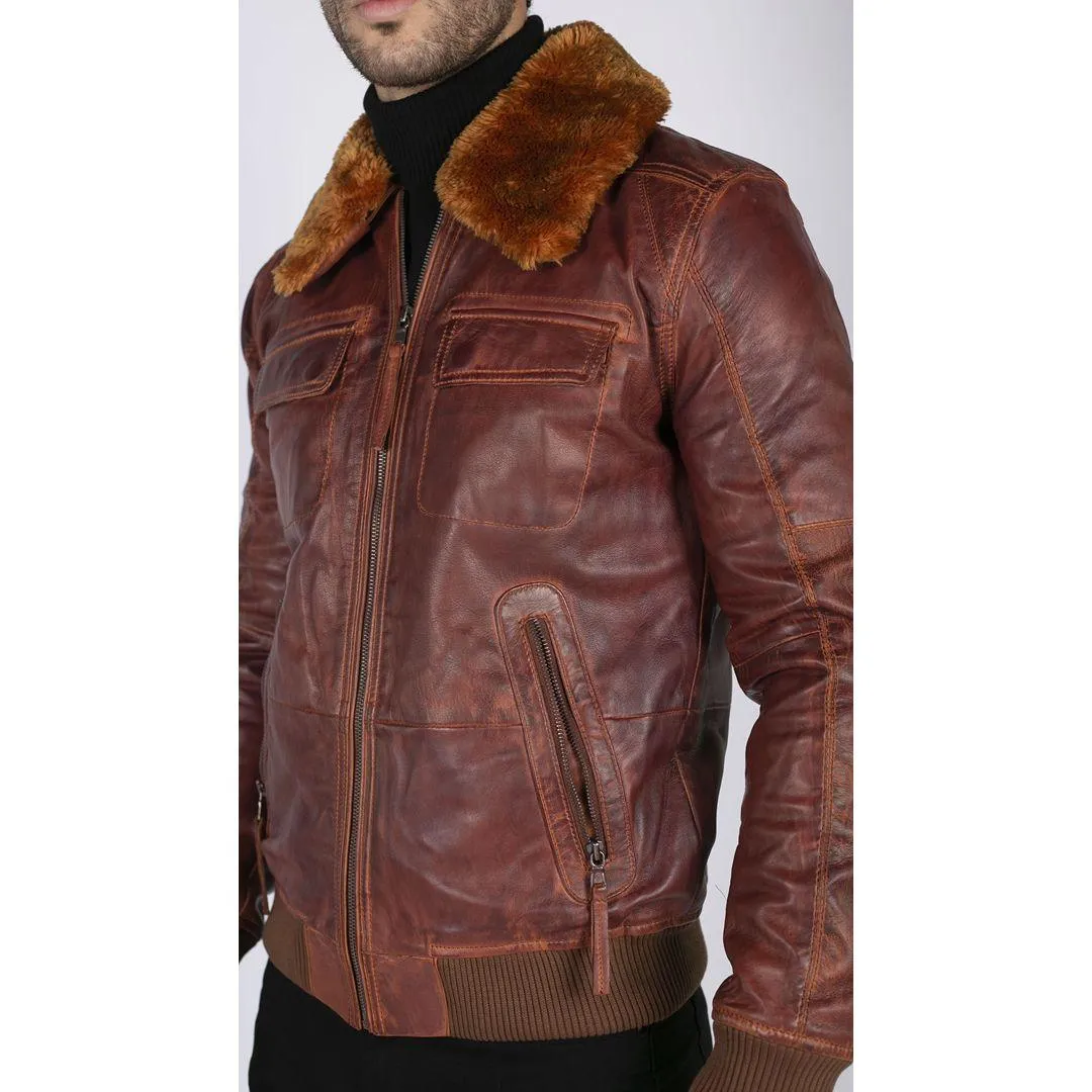 Mens Washed Rust Tan Brown Removable Fur Collar Pilot Leather Jacket Slim Fit