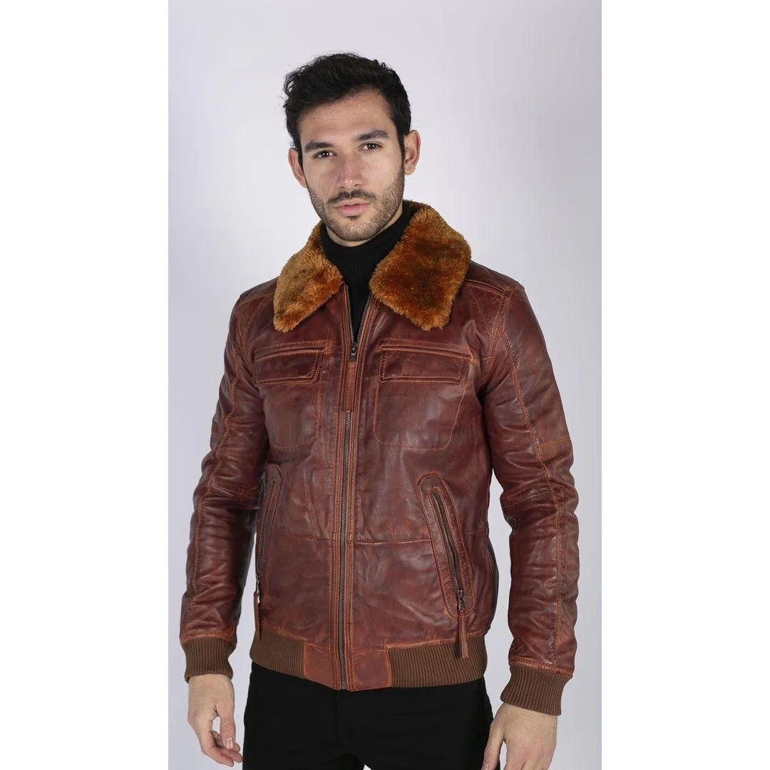 Mens Washed Rust Tan Brown Removable Fur Collar Pilot Leather Jacket Slim Fit