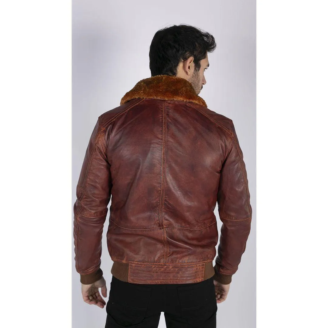 Mens Washed Rust Tan Brown Removable Fur Collar Pilot Leather Jacket Slim Fit