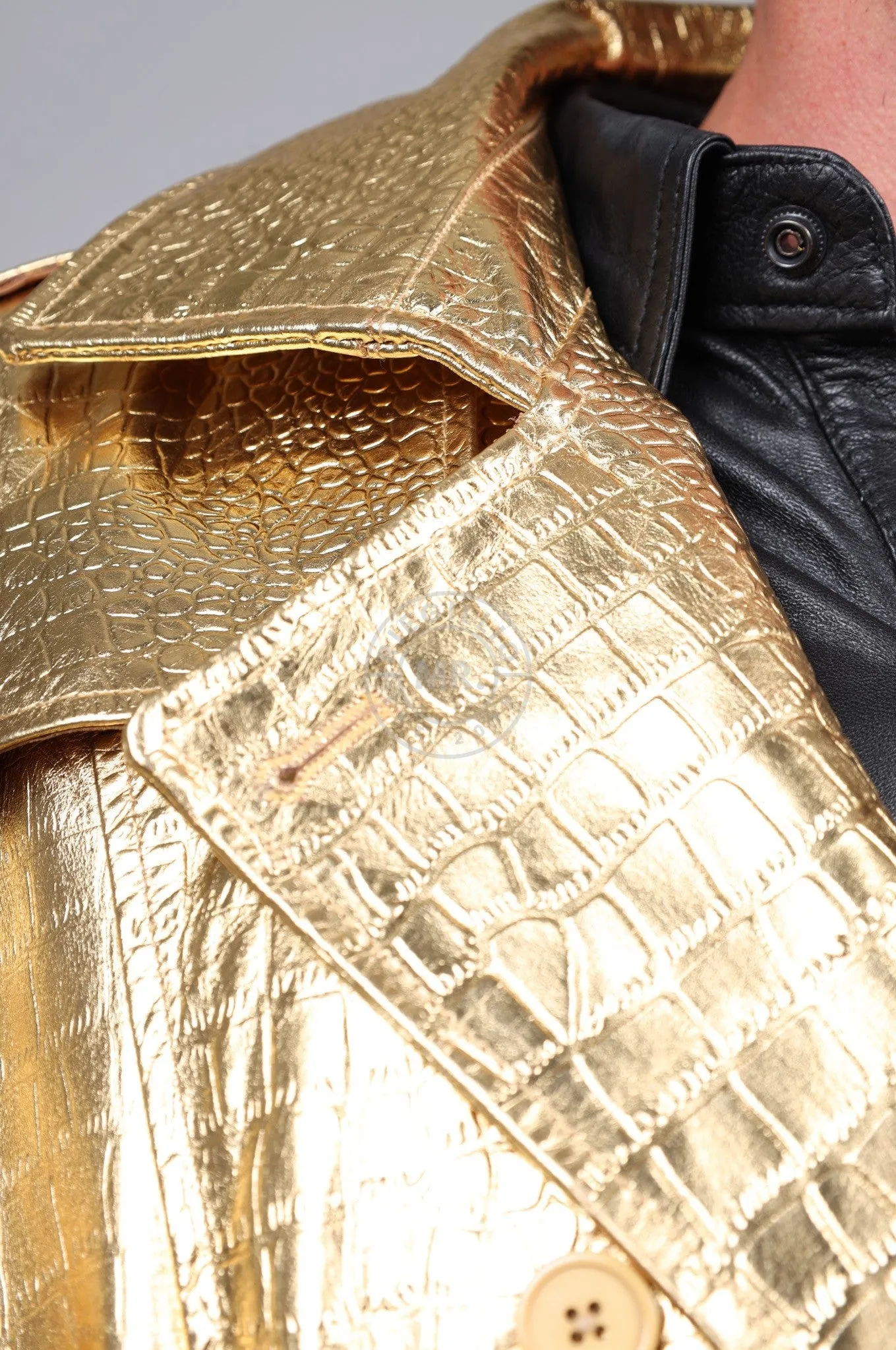 Metallic Leather Snake Trench Coat - Gold