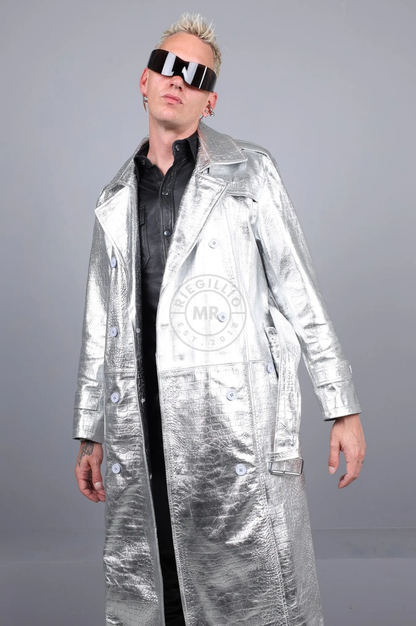 Metallic Leather Snake Trench Coat - Silver