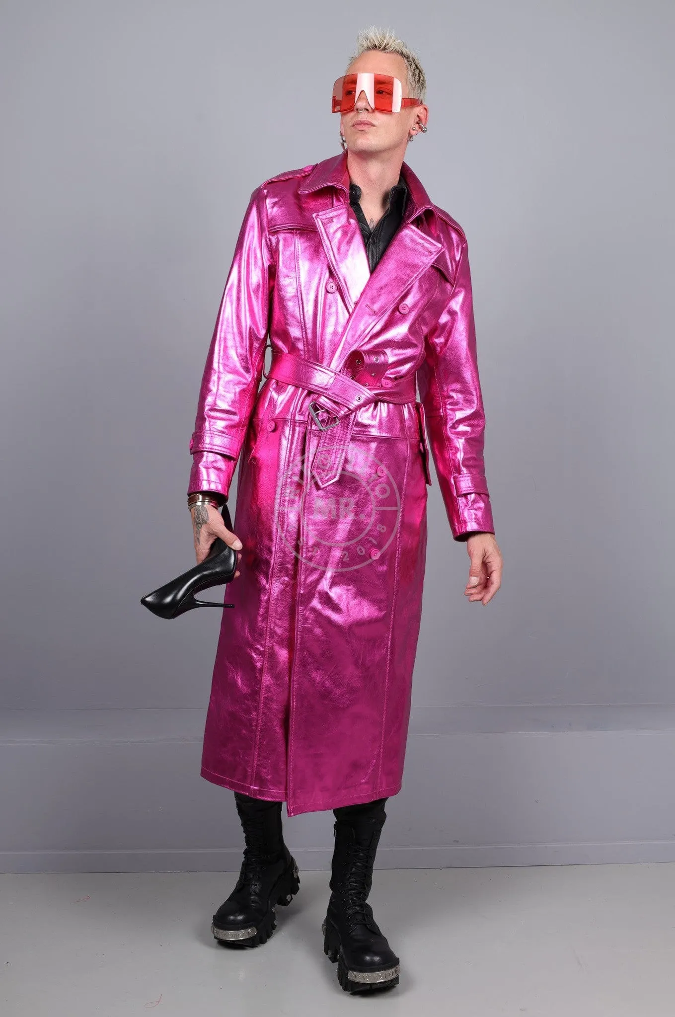 Metallic Leather Trench Coat - Pink