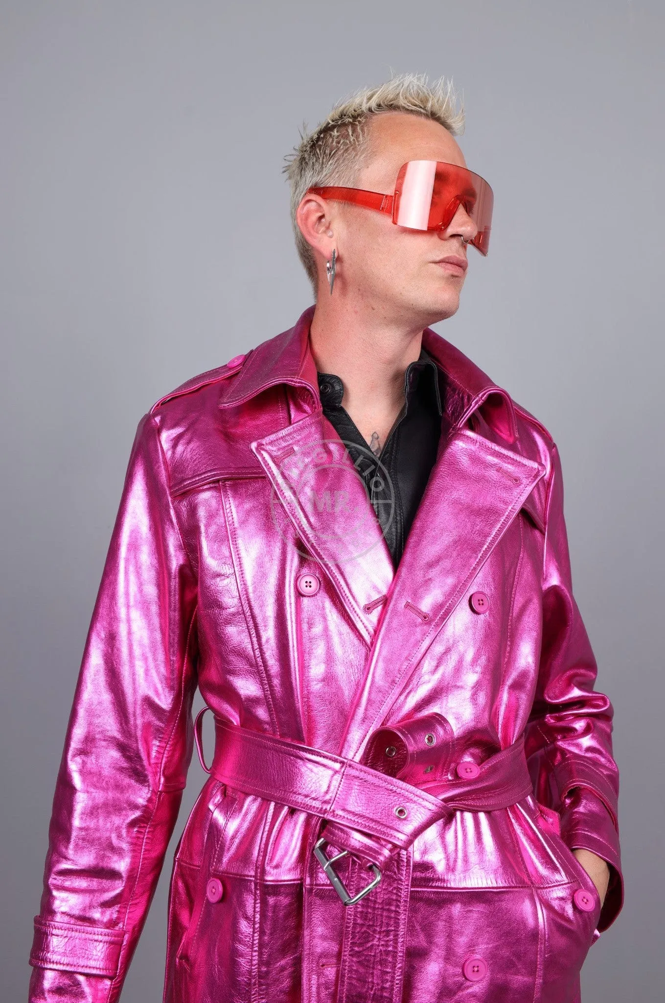 Metallic Leather Trench Coat - Pink