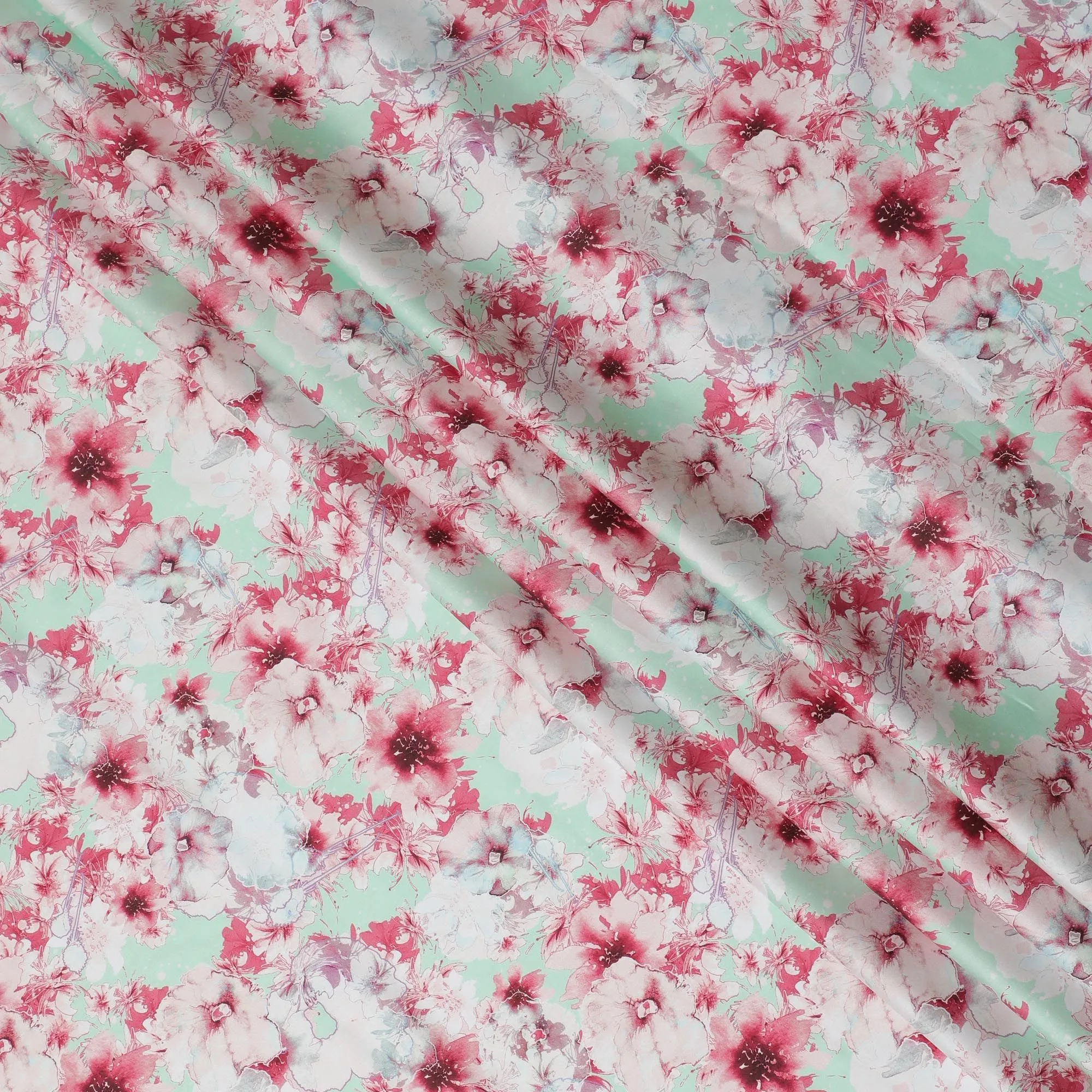 Mint Freshness Cotton Satin Fabric - 110cm Wide, Soft Floral Print from India-D18541