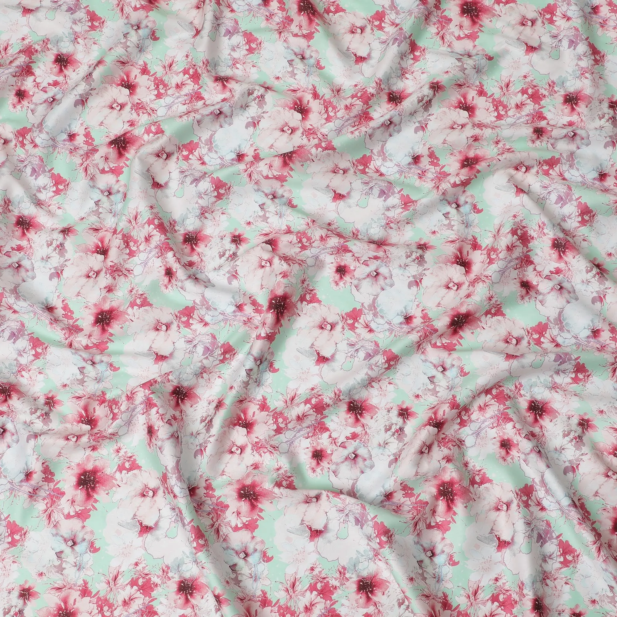 Mint Freshness Cotton Satin Fabric - 110cm Wide, Soft Floral Print from India-D18541