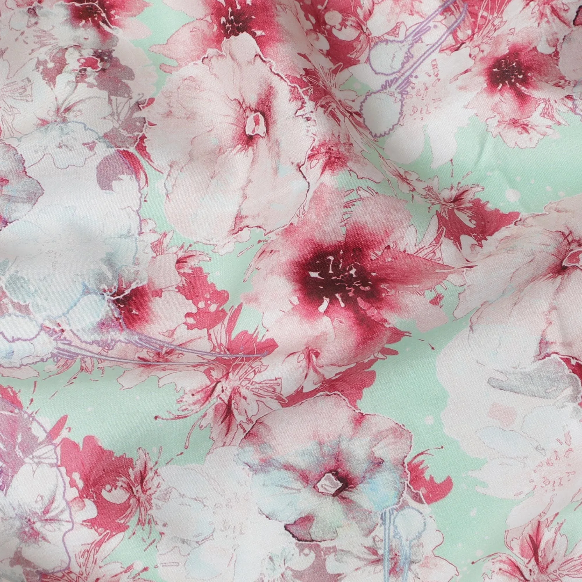 Mint Freshness Cotton Satin Fabric - 110cm Wide, Soft Floral Print from India-D18541