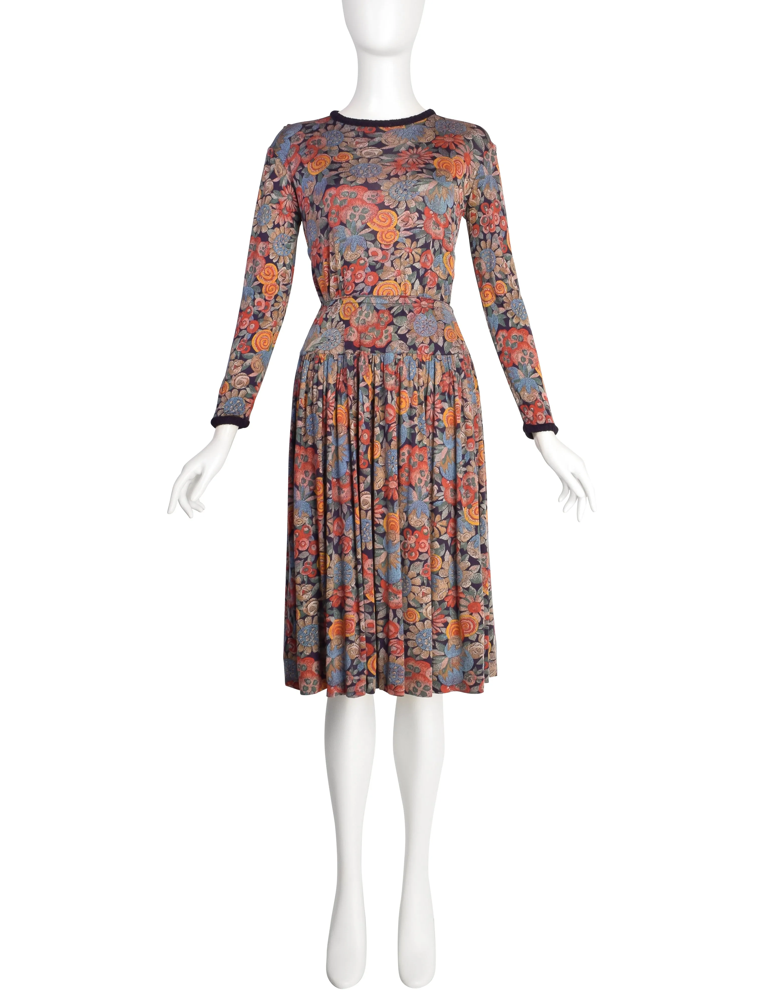 Missoni Vintage 1970s Pointillism Floral Silk Jersey Top Skirt Set Ensemble