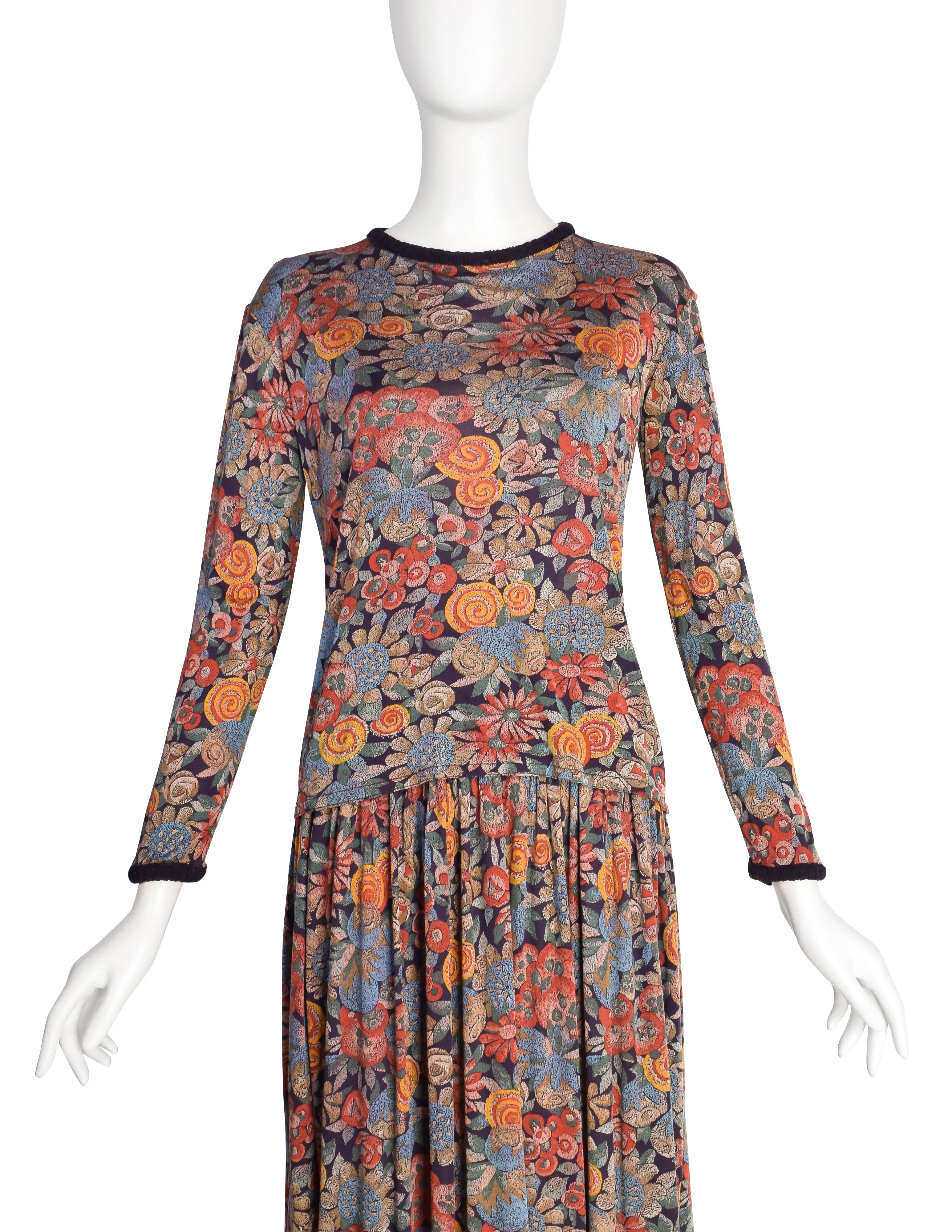 Missoni Vintage 1970s Pointillism Floral Silk Jersey Top Skirt Set Ensemble