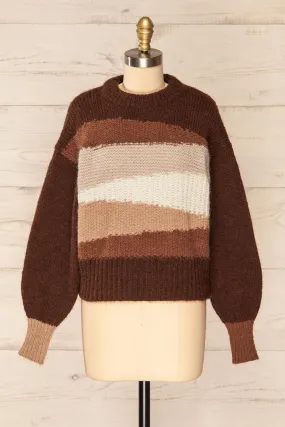 Mogilno Brown | Asymetrical Striped Pattern Knit Sweater