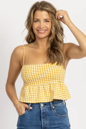 MUSTARD CHECKED TIE BACK CROP TOP