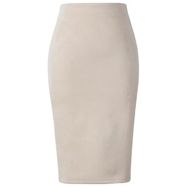 Neophil 2017 Winter Gray Pink Women Suede Midi Pencil Skirts Causal High Waist Sexy Stretch Ladies Office Work Wear Saia S1009