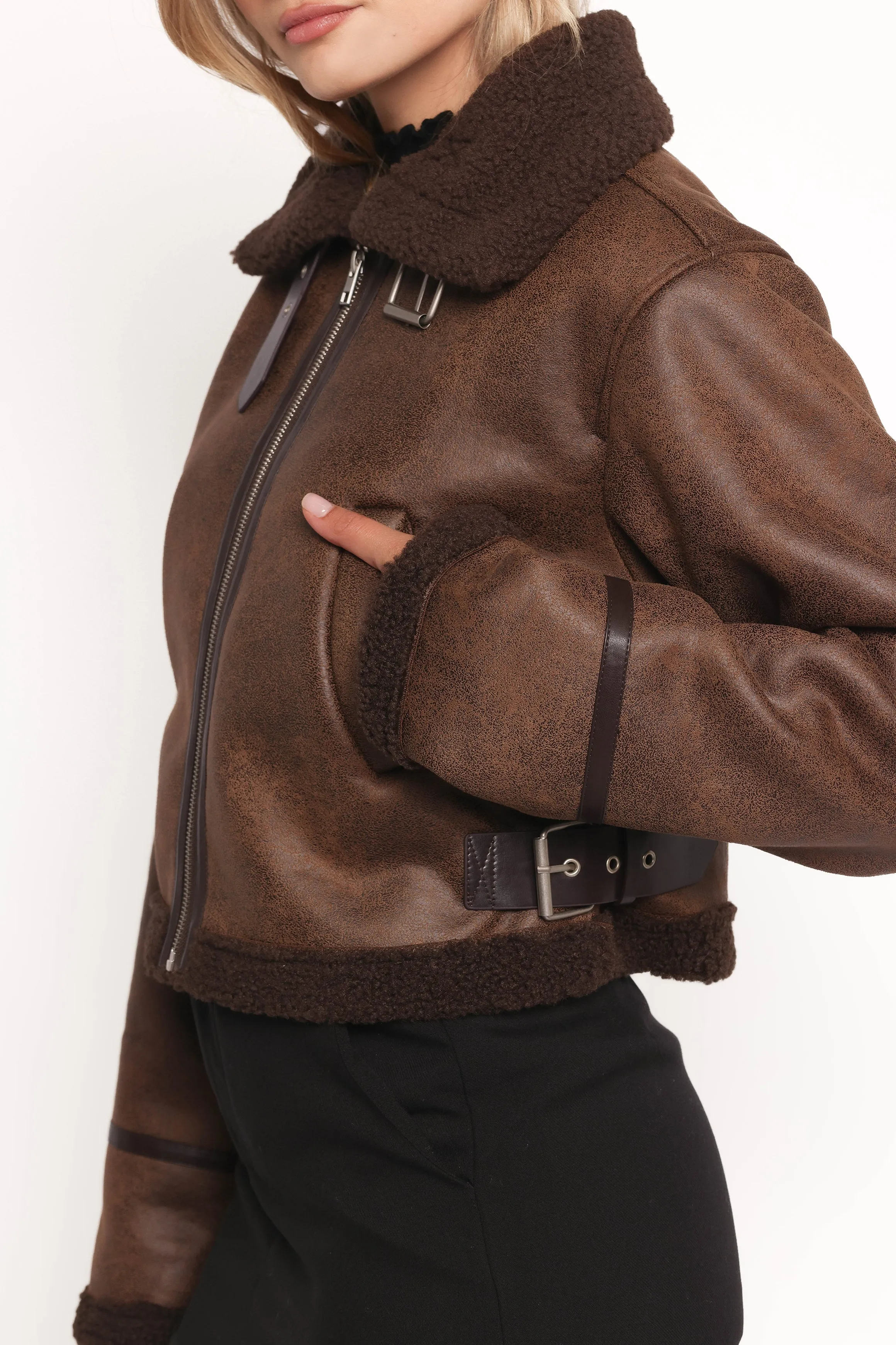 Omi Faux Matte Leather Jacket - Brown