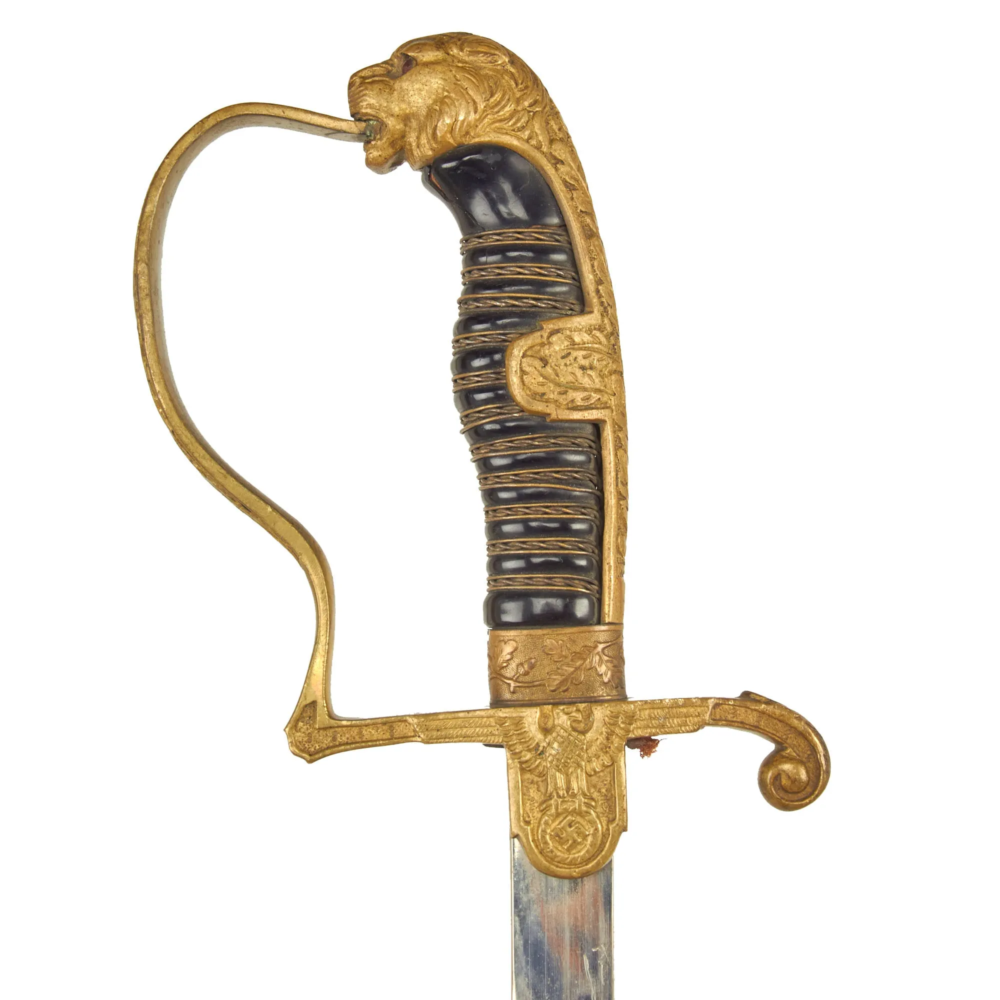 Original German WWII Army Heer Officer's Lion Head Sword with Nickel-Plated Blade & Steel Scabbard