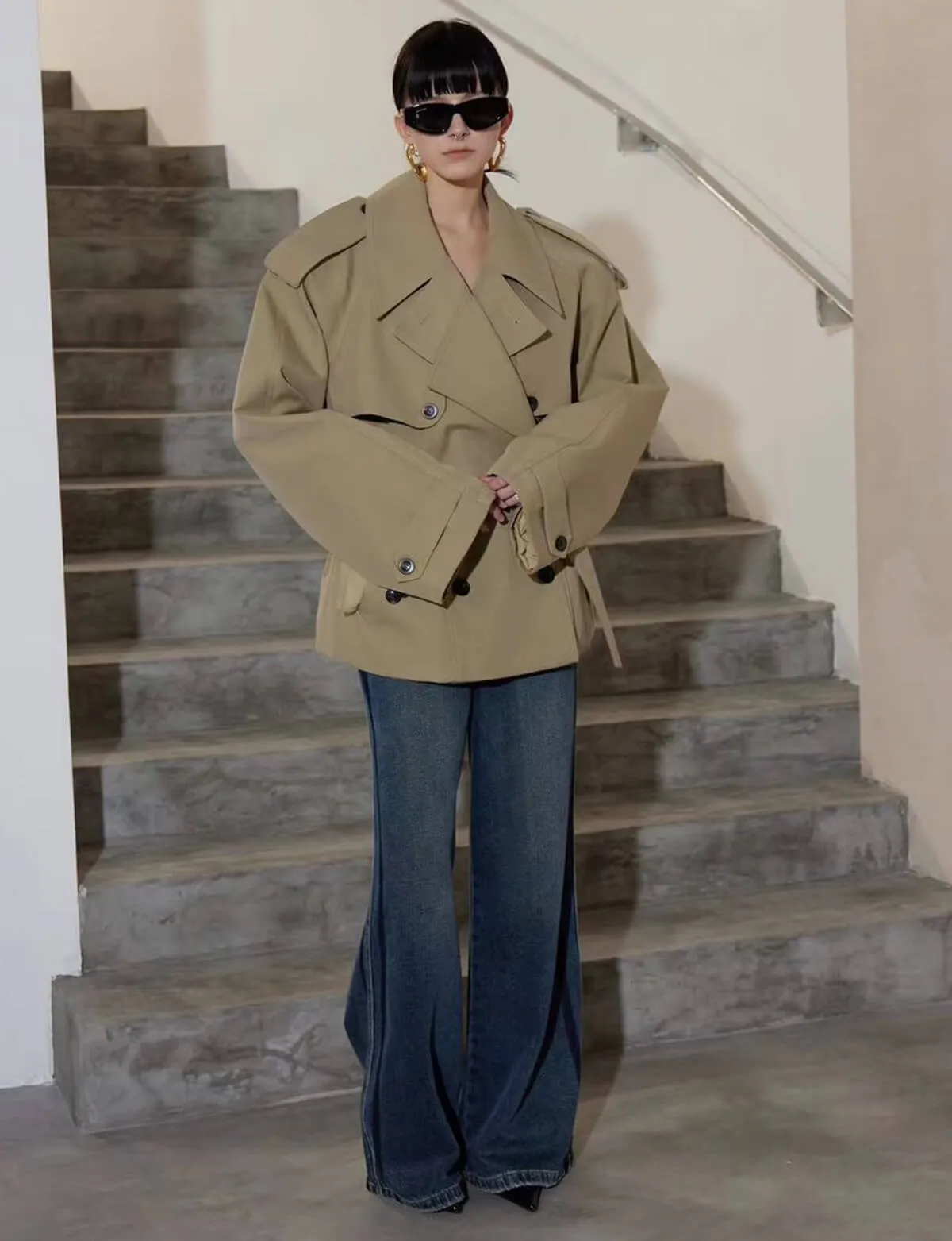 Oversized Cropped Twill Trench Coat