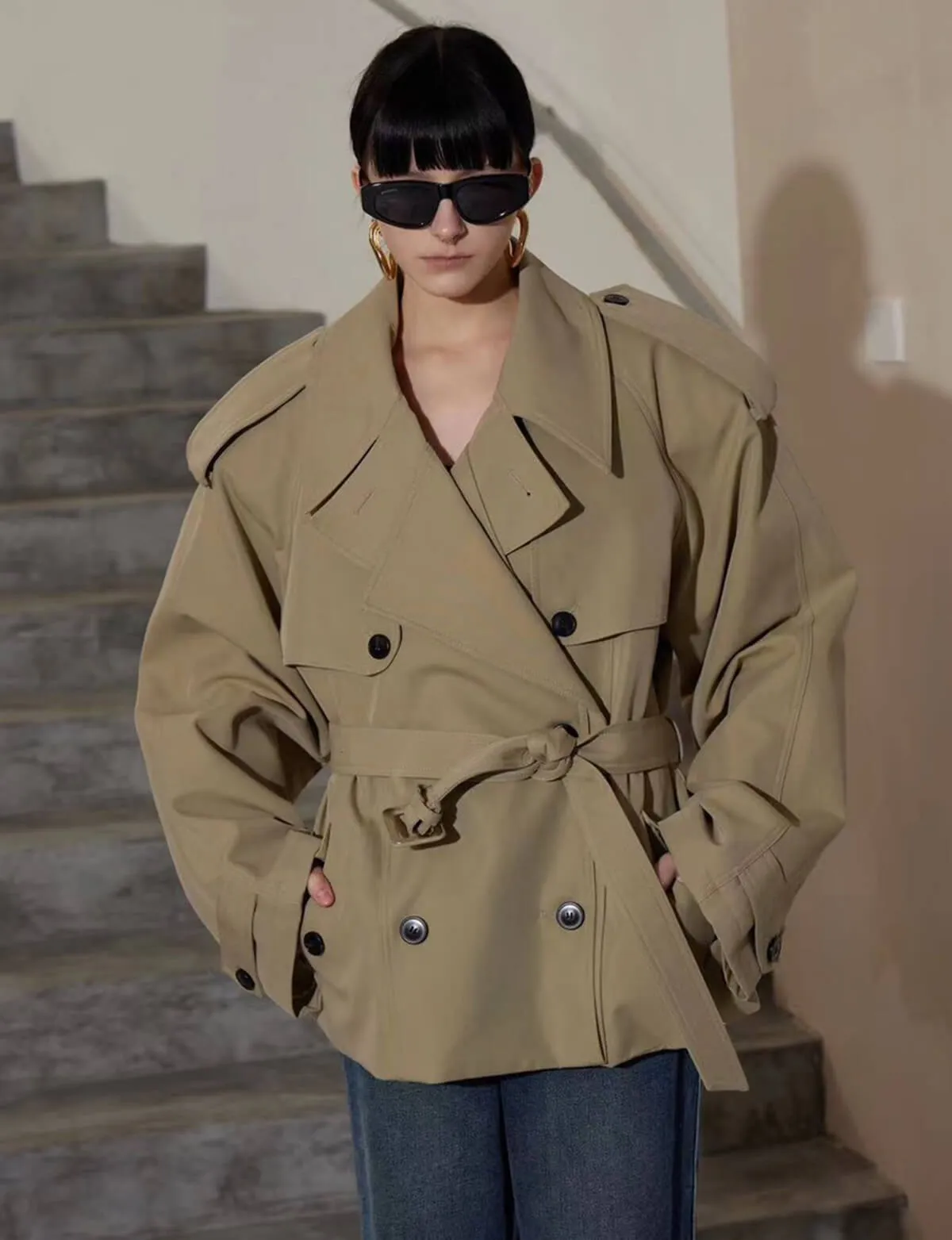 Oversized Cropped Twill Trench Coat