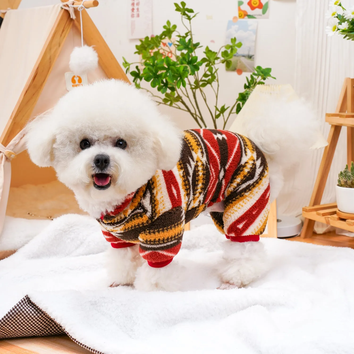 Pet Dog Clothes Autumn & Winter Retro Plush Four-Legged Woolen Outfit | Bichon, Teddy Small Dog Warm Clothing