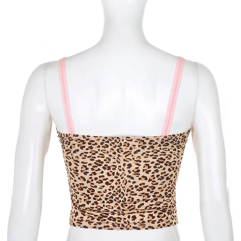 Pink Lace Sleeveless Cami Top Tee Summer Animal Print Backless Sexy Crop Top Leopard Spaghetti Strap Top