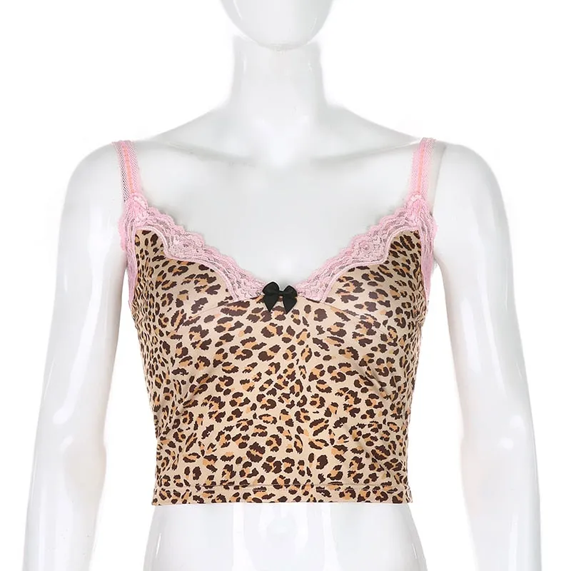 Pink Lace Sleeveless Cami Top Tee Summer Animal Print Backless Sexy Crop Top Leopard Spaghetti Strap Top