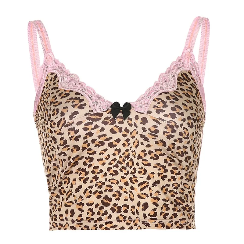 Pink Lace Sleeveless Cami Top Tee Summer Animal Print Backless Sexy Crop Top Leopard Spaghetti Strap Top