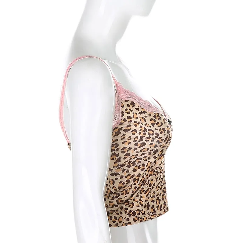 Pink Lace Sleeveless Cami Top Tee Summer Animal Print Backless Sexy Crop Top Leopard Spaghetti Strap Top