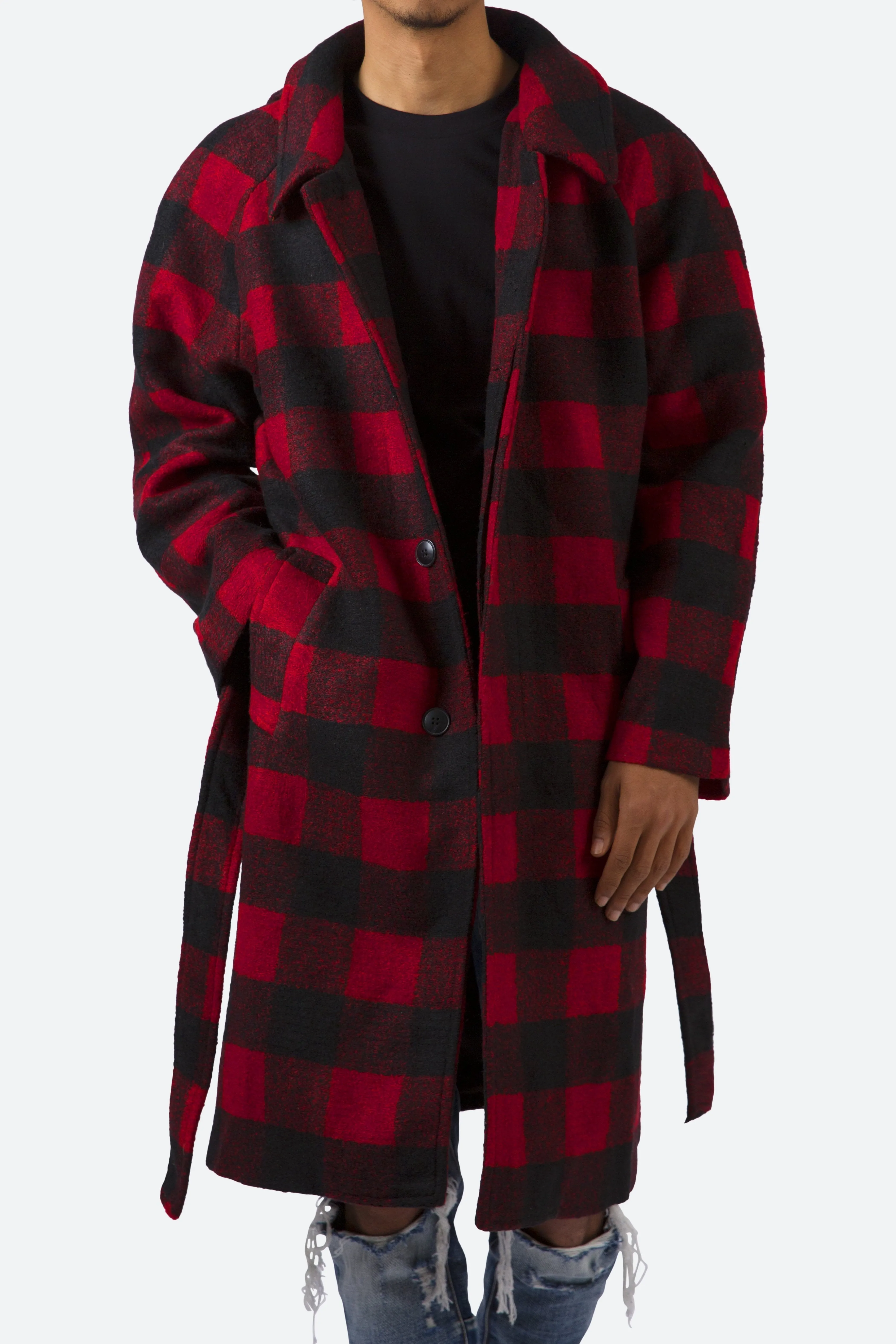 Plaid Military Trench Coat - Black/Red