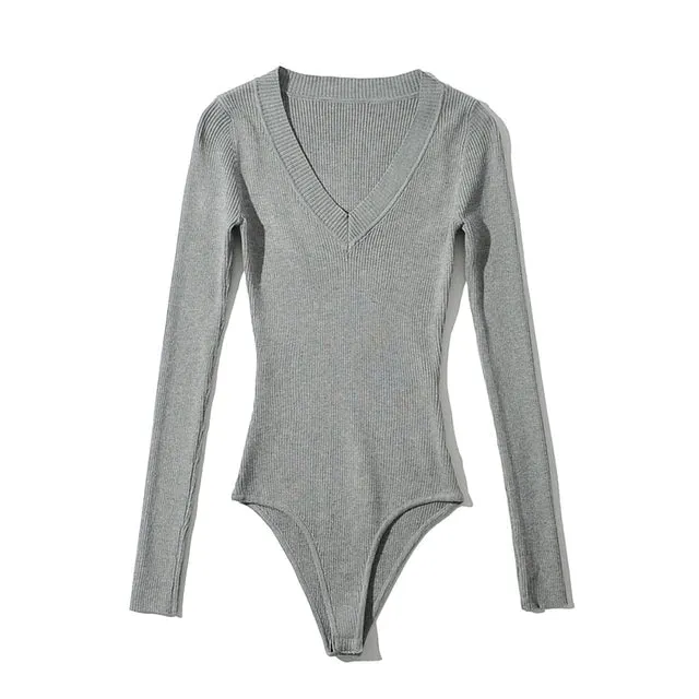 Pre Order:  V-Neck Long Sleeves Knit Bodysuit