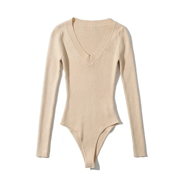 Pre Order:  V-Neck Long Sleeves Knit Bodysuit