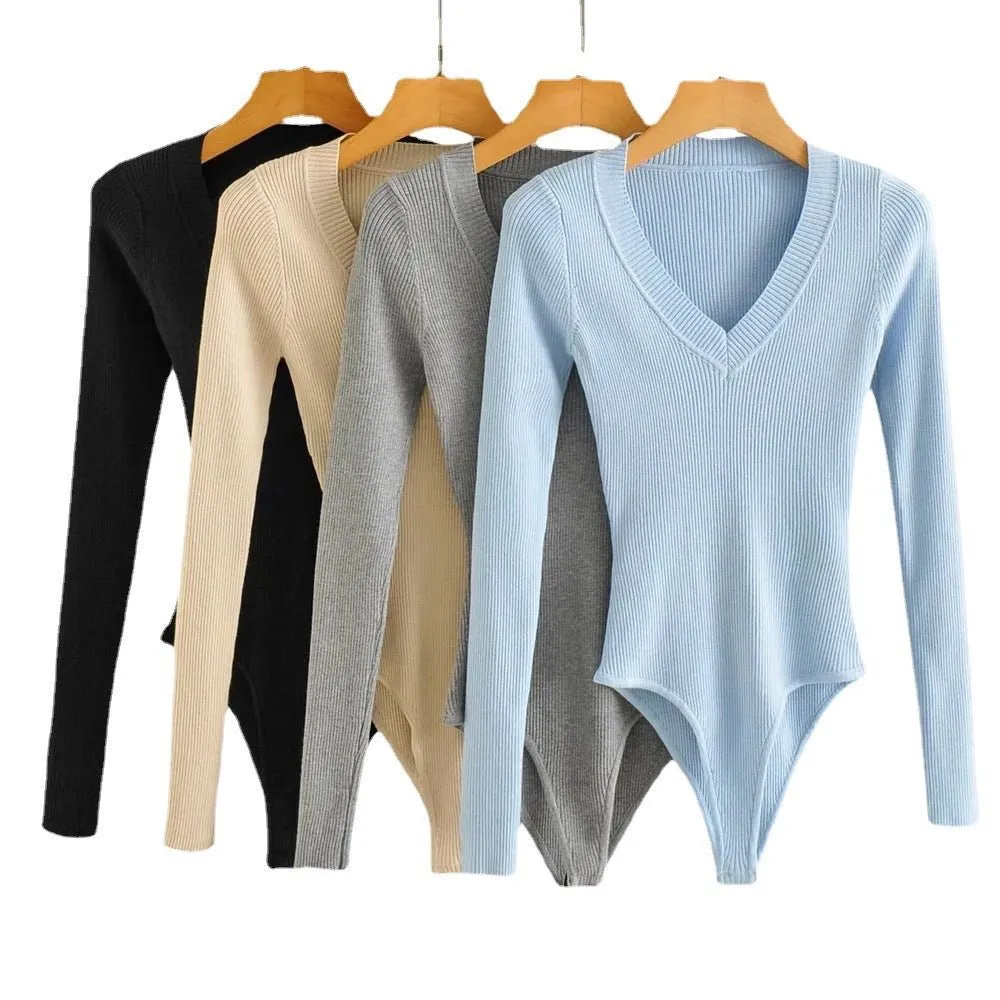 Pre Order:  V-Neck Long Sleeves Knit Bodysuit