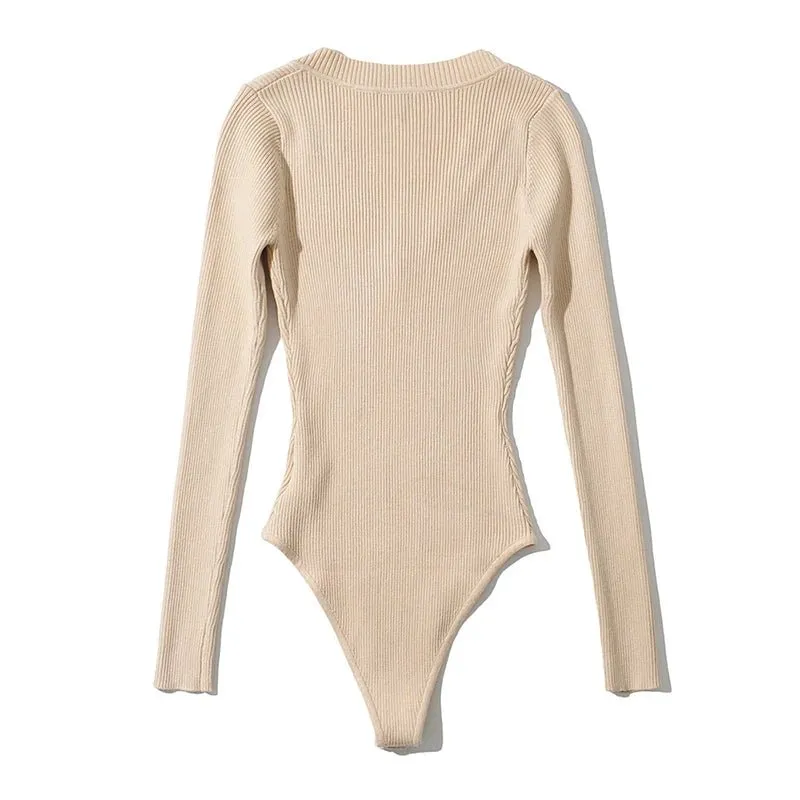 Pre Order:  V-Neck Long Sleeves Knit Bodysuit