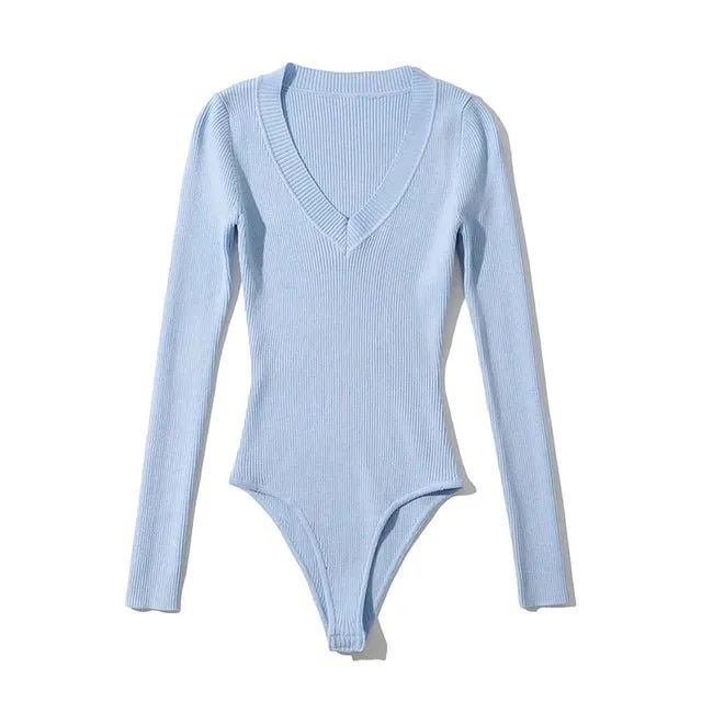 Pre Order:  V-Neck Long Sleeves Knit Bodysuit