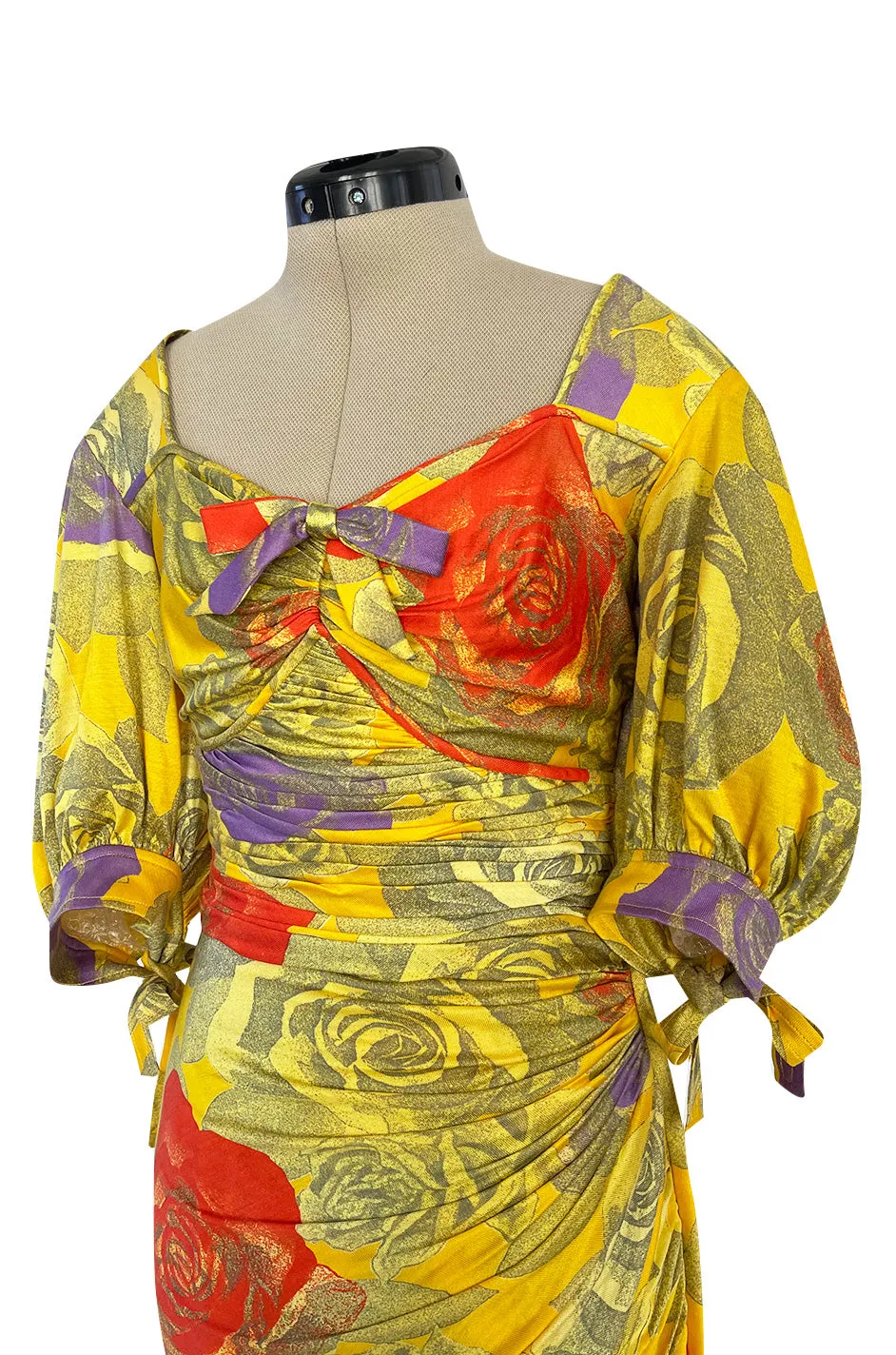 Prettiest 1980s Emanuel Ungaro Yellow Floral Print Silk Jersey Dress w Cut Outs & Bows