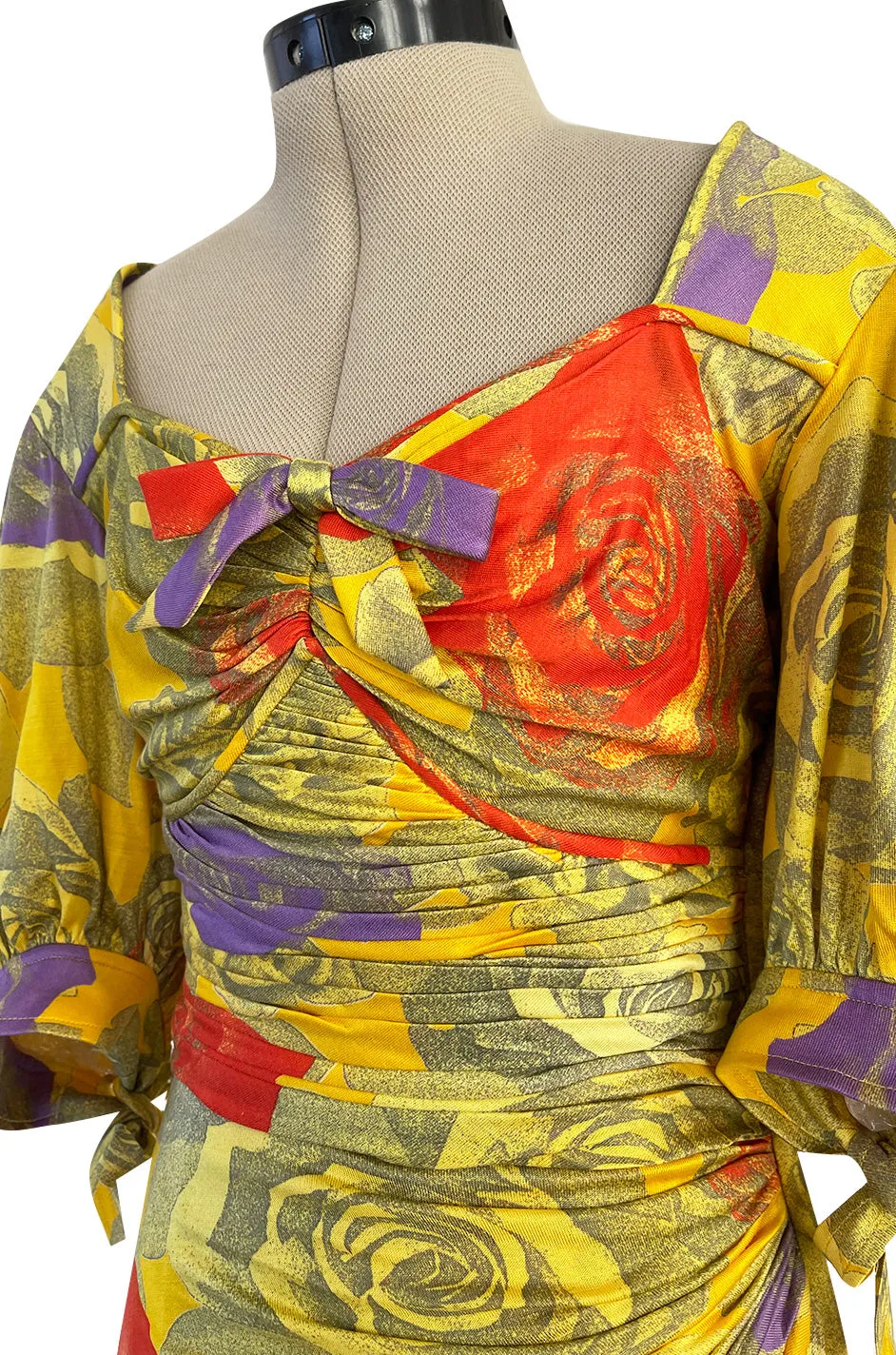 Prettiest 1980s Emanuel Ungaro Yellow Floral Print Silk Jersey Dress w Cut Outs & Bows