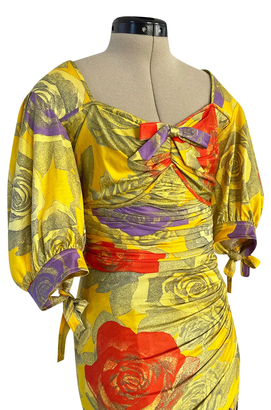 Prettiest 1980s Emanuel Ungaro Yellow Floral Print Silk Jersey Dress w Cut Outs & Bows