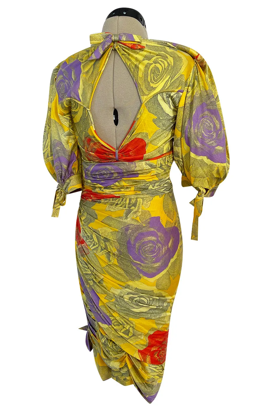 Prettiest 1980s Emanuel Ungaro Yellow Floral Print Silk Jersey Dress w Cut Outs & Bows