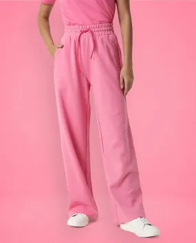 Rareism Women Capsule Flouroscent Pink Cotton Blend Fabric Relaxed Fit Solid Mid Rise Ankle Length Track Pant