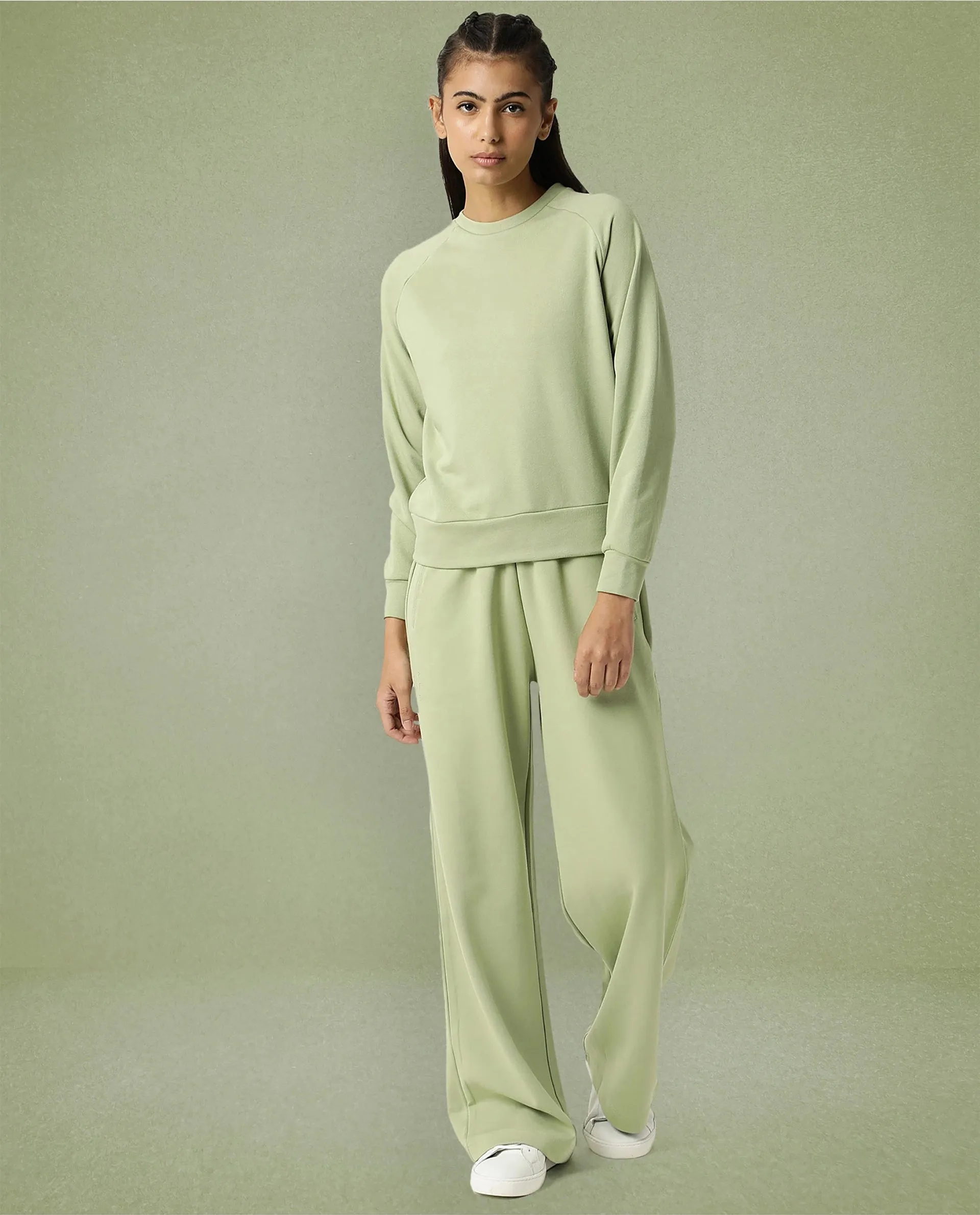 Rareism Women Capsule Light Green Cotton Blend Fabric Relaxed Fit Solid Mid Rise Ankle Length Track Pant