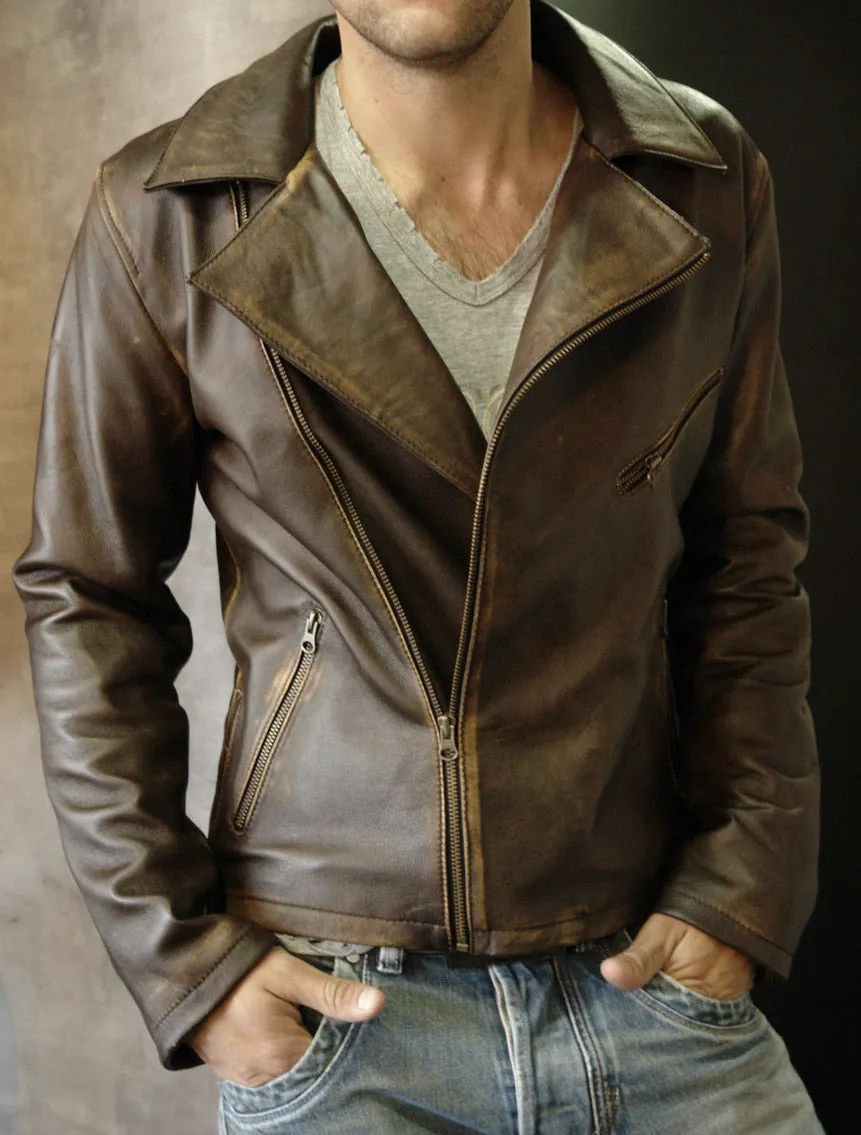 Rebel DK Leather Jacket Cafe Racer Distressed Brown