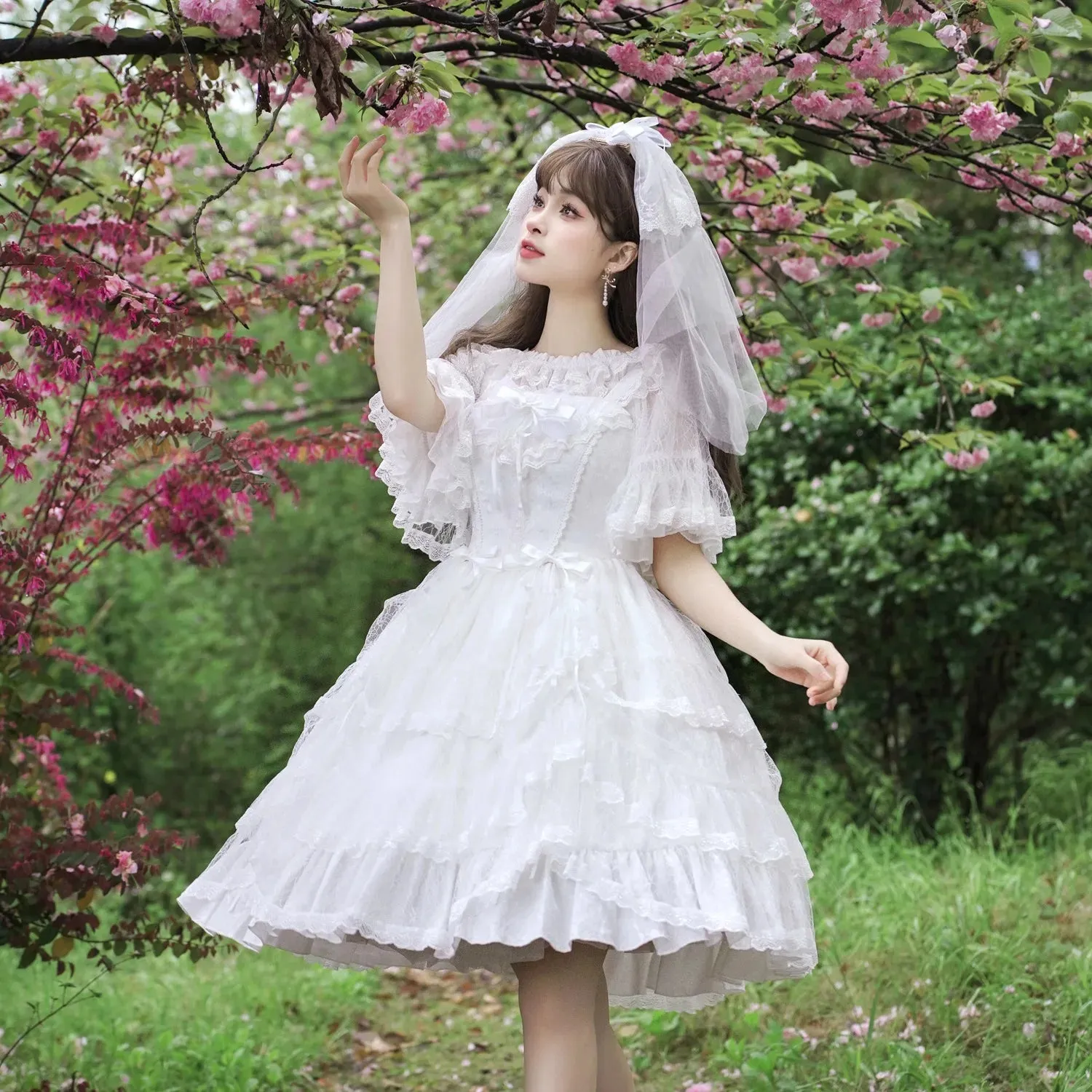 Retro Style Lolita JSK Dress Elegant Princess Ruffled Midi Dress w. Lace Cover up by Yomi ~Irises in Bloom