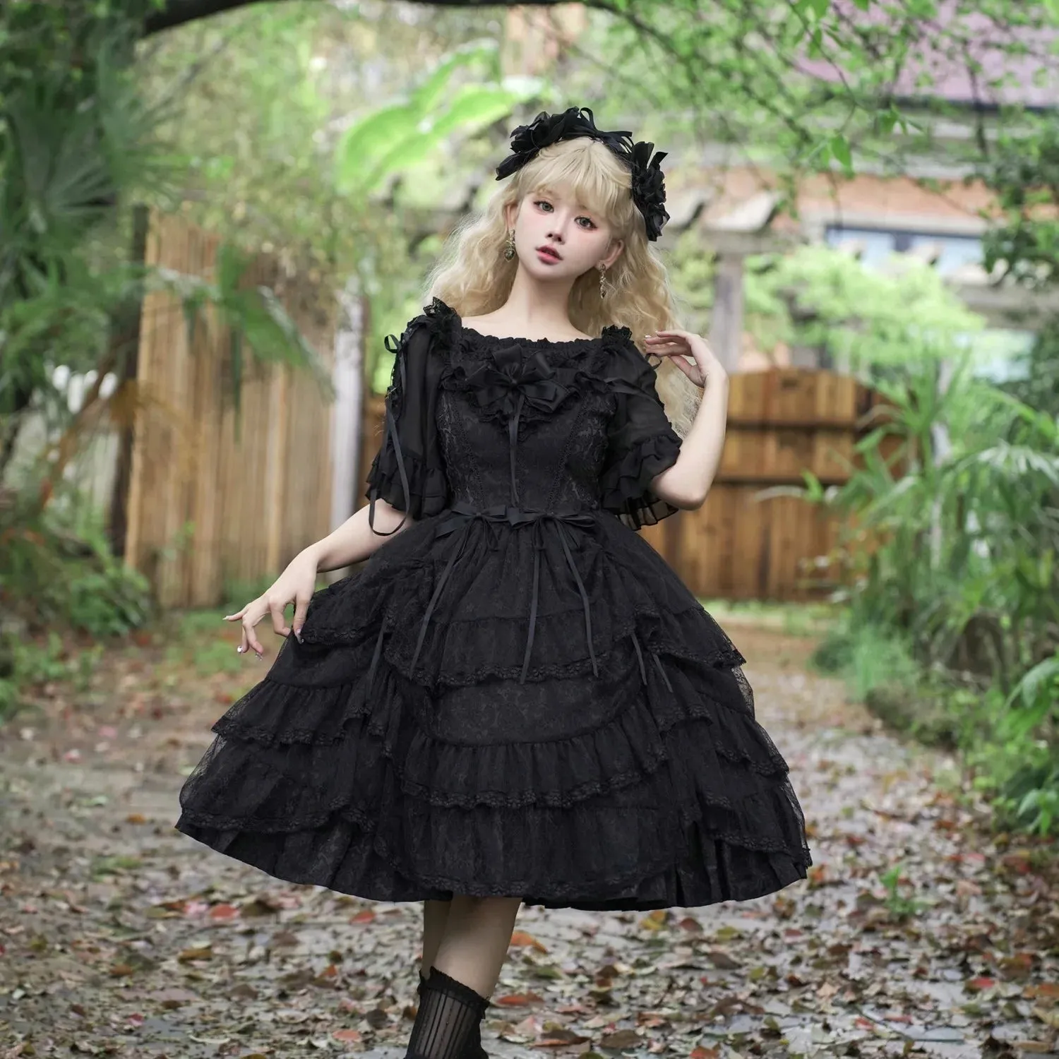 Retro Style Lolita JSK Dress Elegant Princess Ruffled Midi Dress w. Lace Cover up by Yomi ~Irises in Bloom