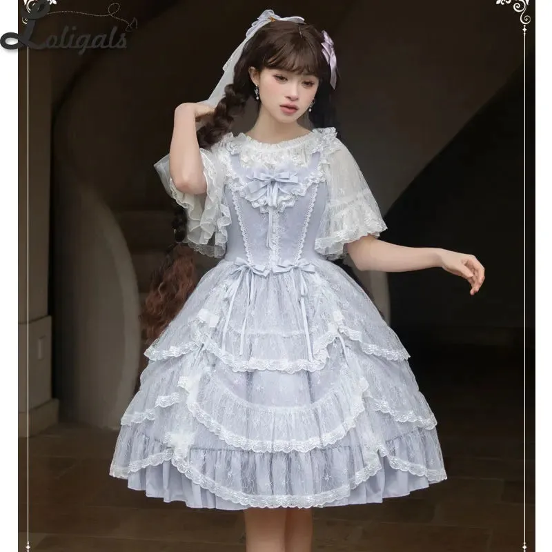 Retro Style Lolita JSK Dress Elegant Princess Ruffled Midi Dress w. Lace Cover up by Yomi ~Irises in Bloom