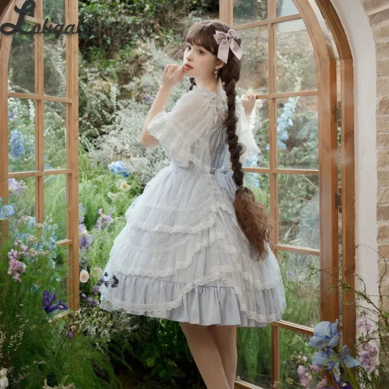 Retro Style Lolita JSK Dress Elegant Princess Ruffled Midi Dress w. Lace Cover up by Yomi ~Irises in Bloom