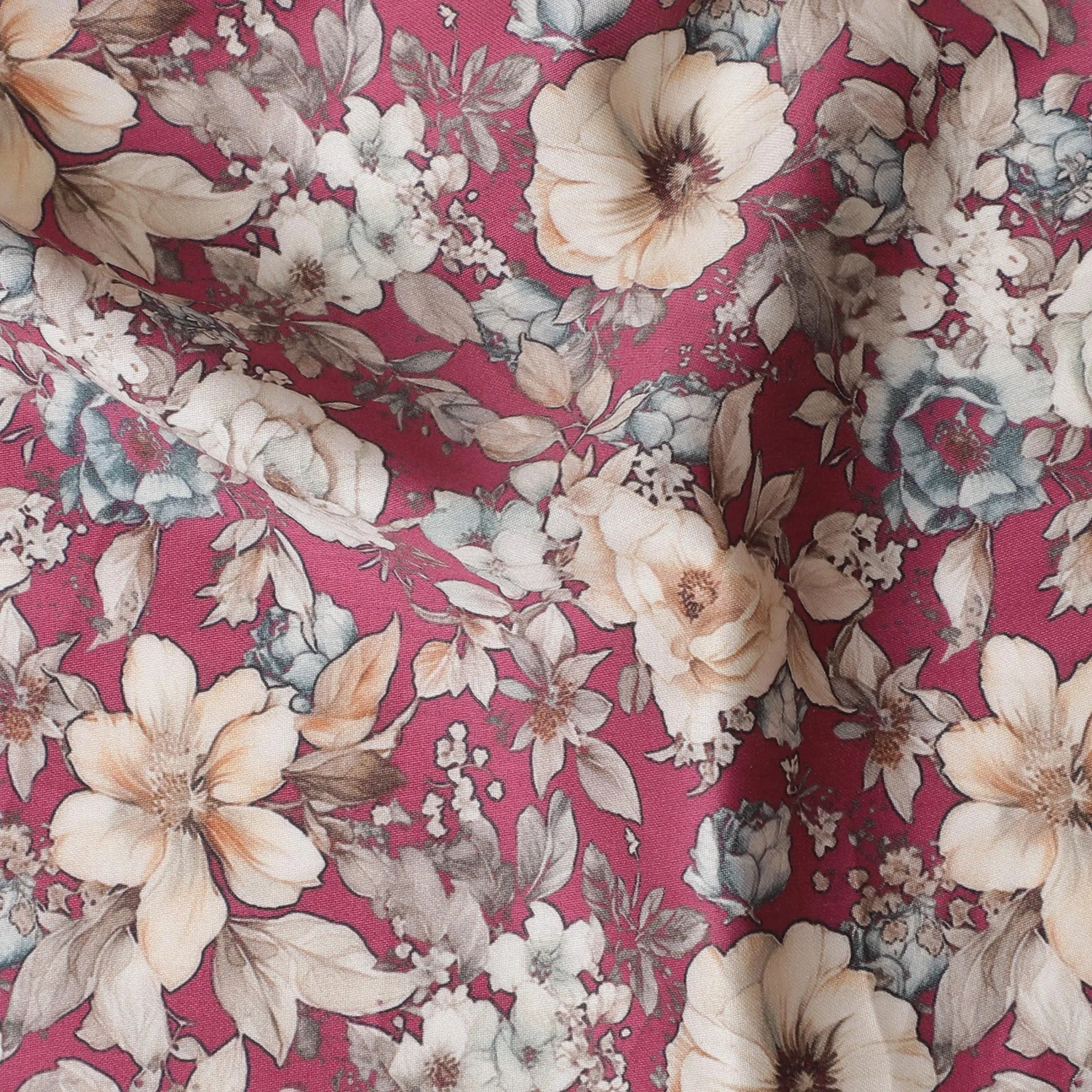 Romantic Rose Floral Cotton Satin Fabric, Rich Red and Cream Hues, 110 cm Wide-D19194