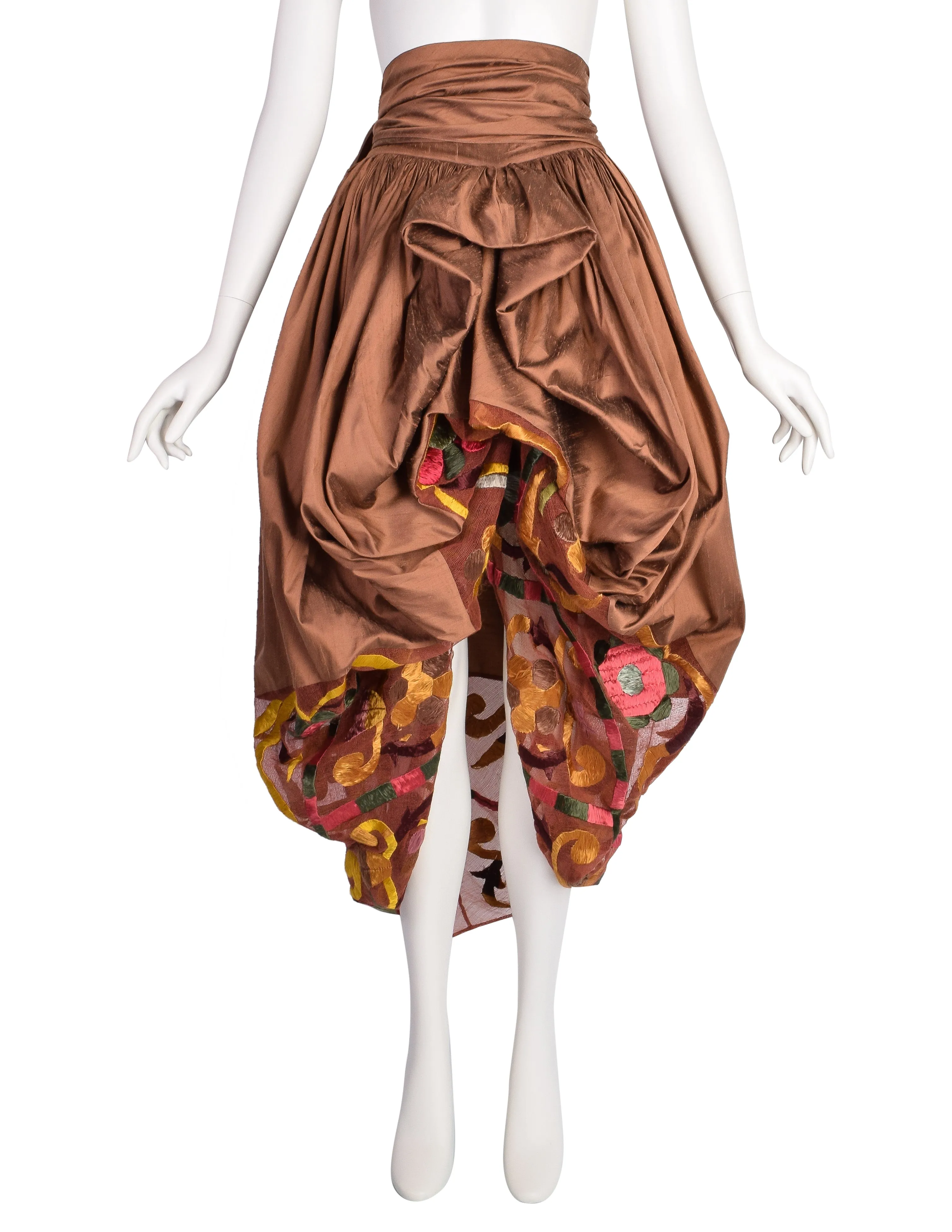 Romeo Gigli Vintage SS 1990 Important Bronze Silk Shantung Embroidered Floral Bubble Cocoon Skirt