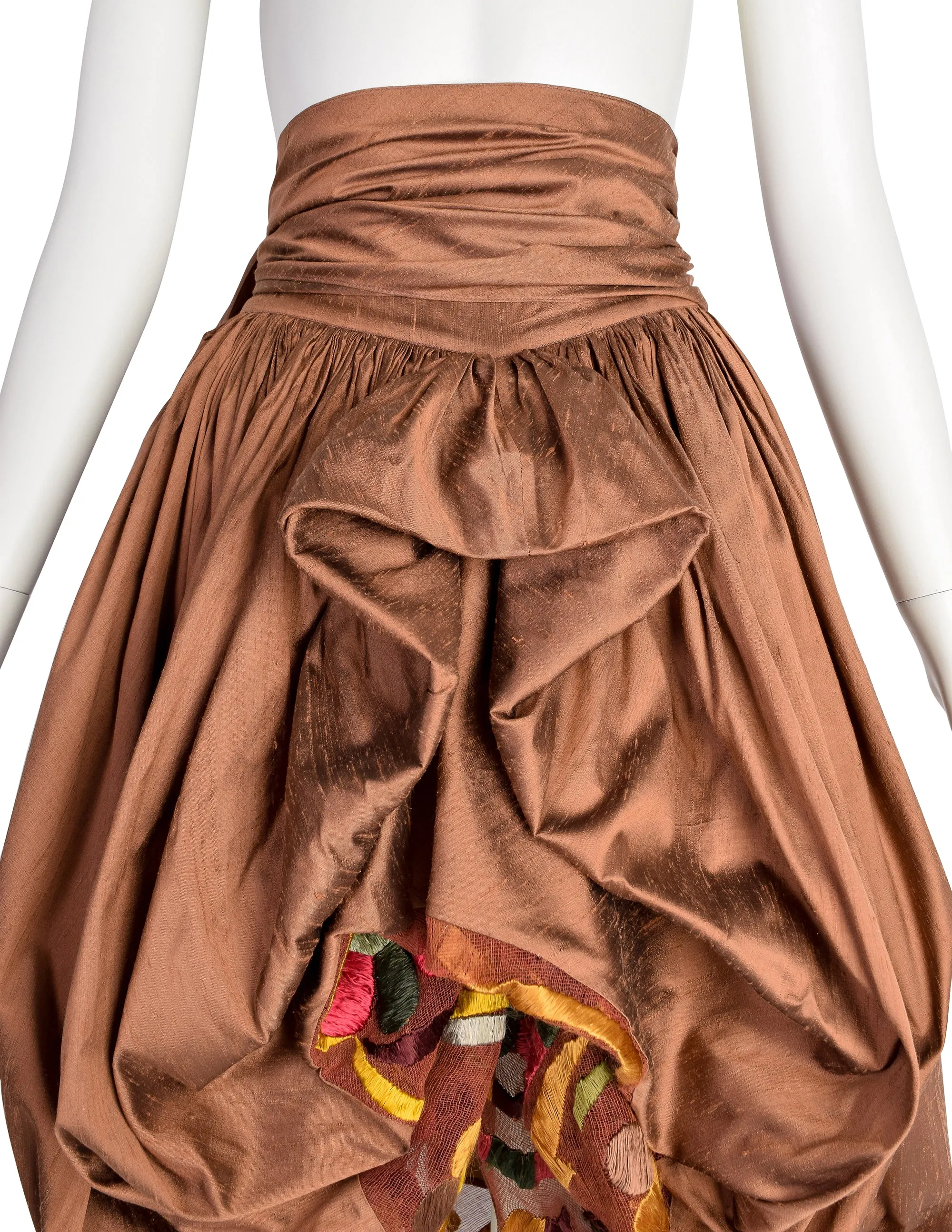 Romeo Gigli Vintage SS 1990 Important Bronze Silk Shantung Embroidered Floral Bubble Cocoon Skirt