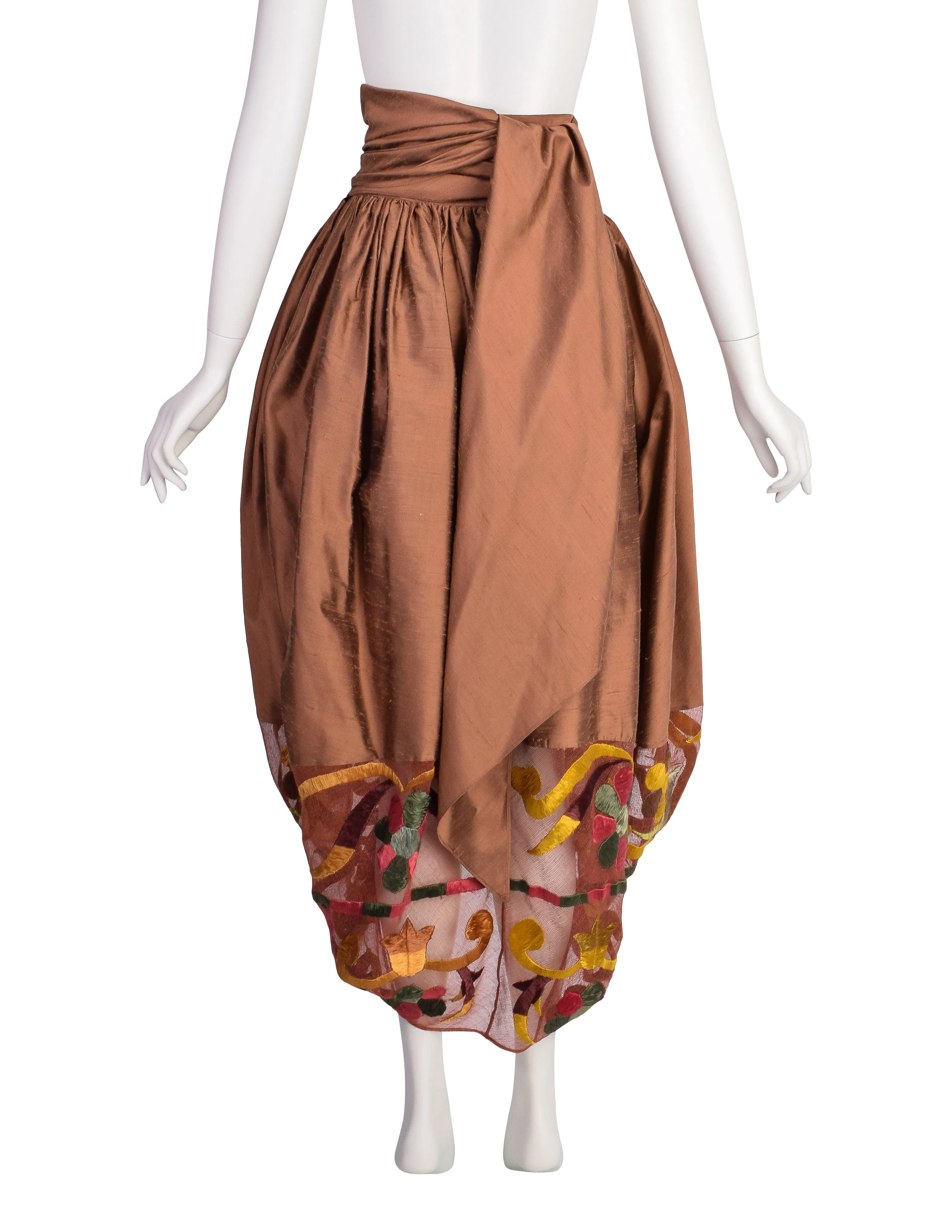 Romeo Gigli Vintage SS 1990 Important Bronze Silk Shantung Embroidered Floral Bubble Cocoon Skirt