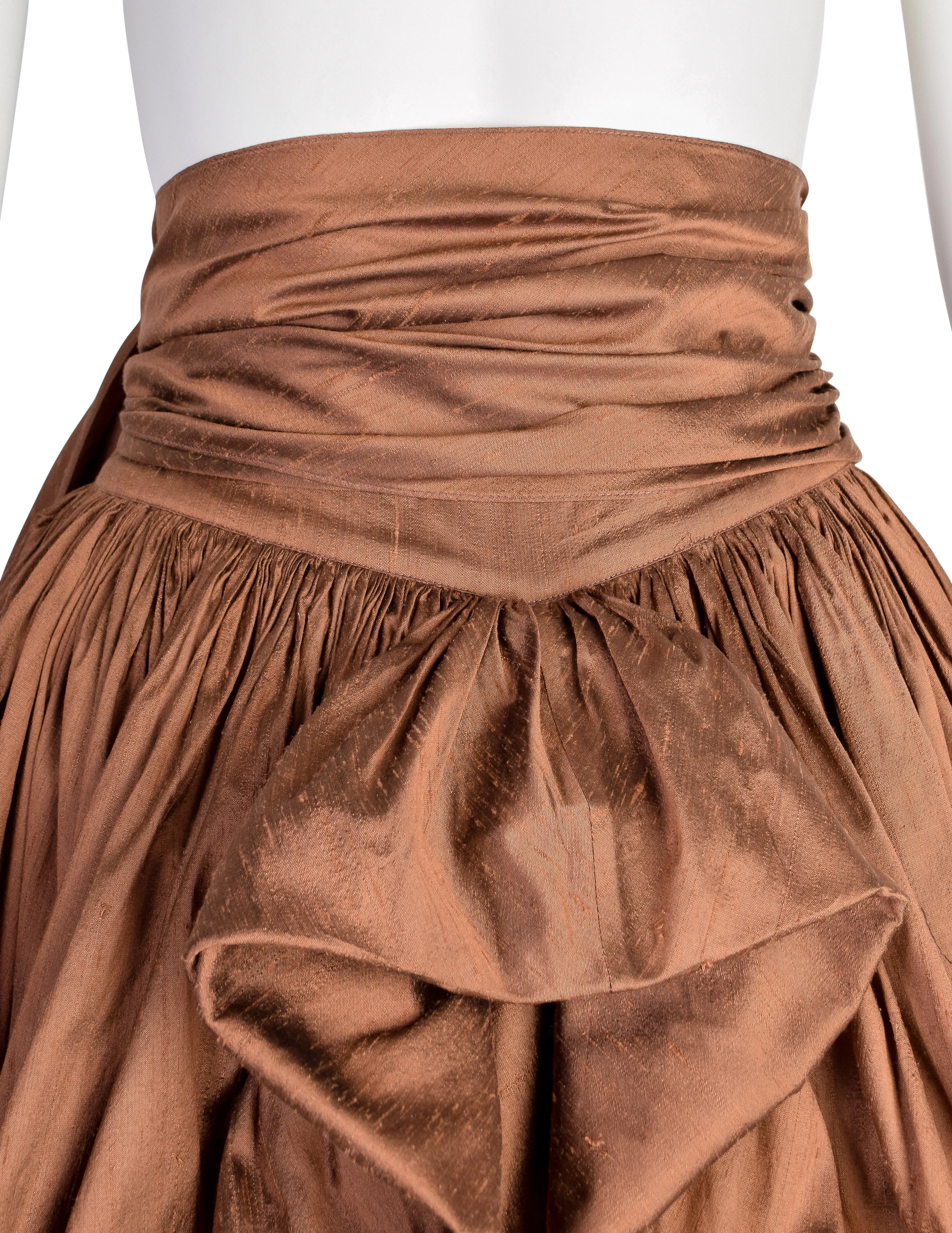 Romeo Gigli Vintage SS 1990 Important Bronze Silk Shantung Embroidered Floral Bubble Cocoon Skirt