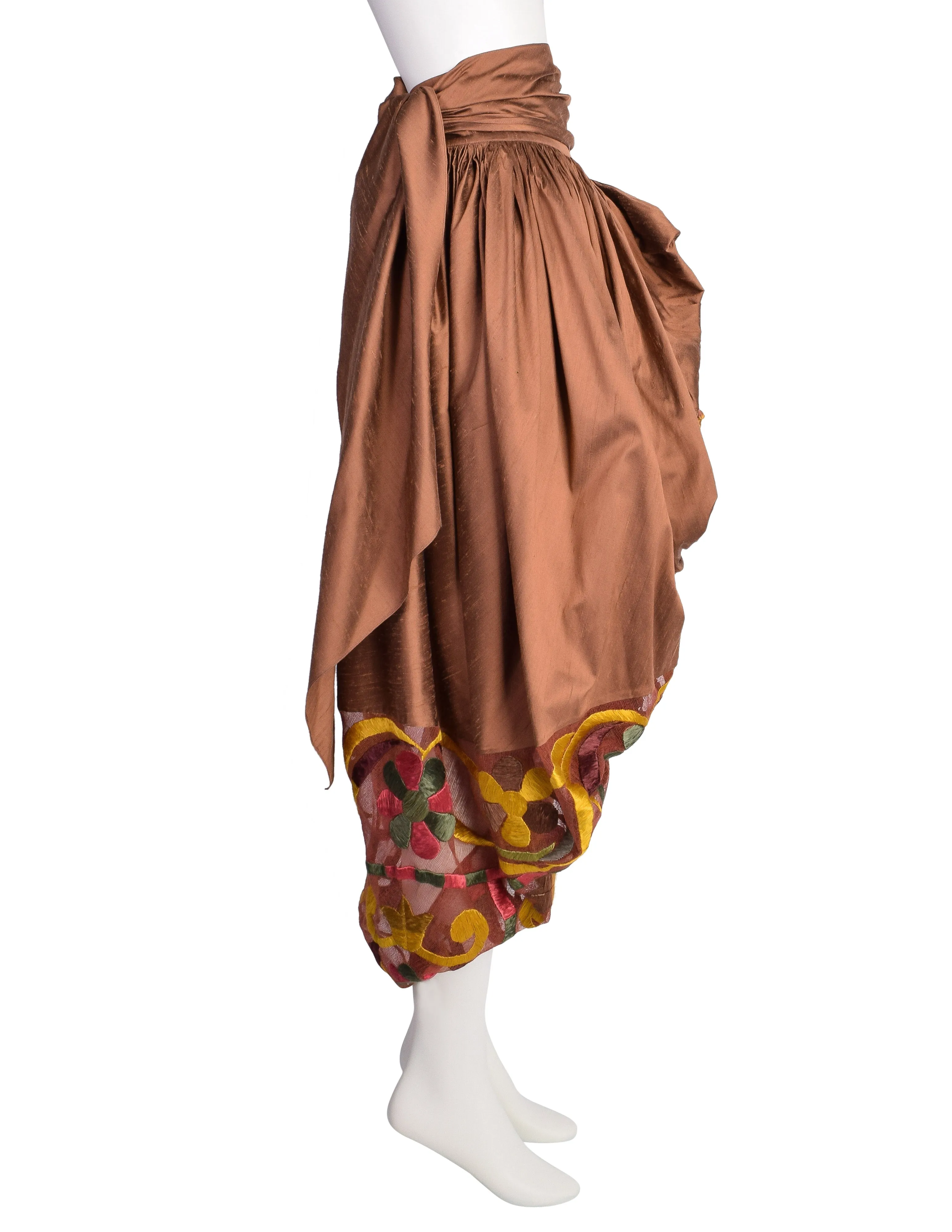 Romeo Gigli Vintage SS 1990 Important Bronze Silk Shantung Embroidered Floral Bubble Cocoon Skirt